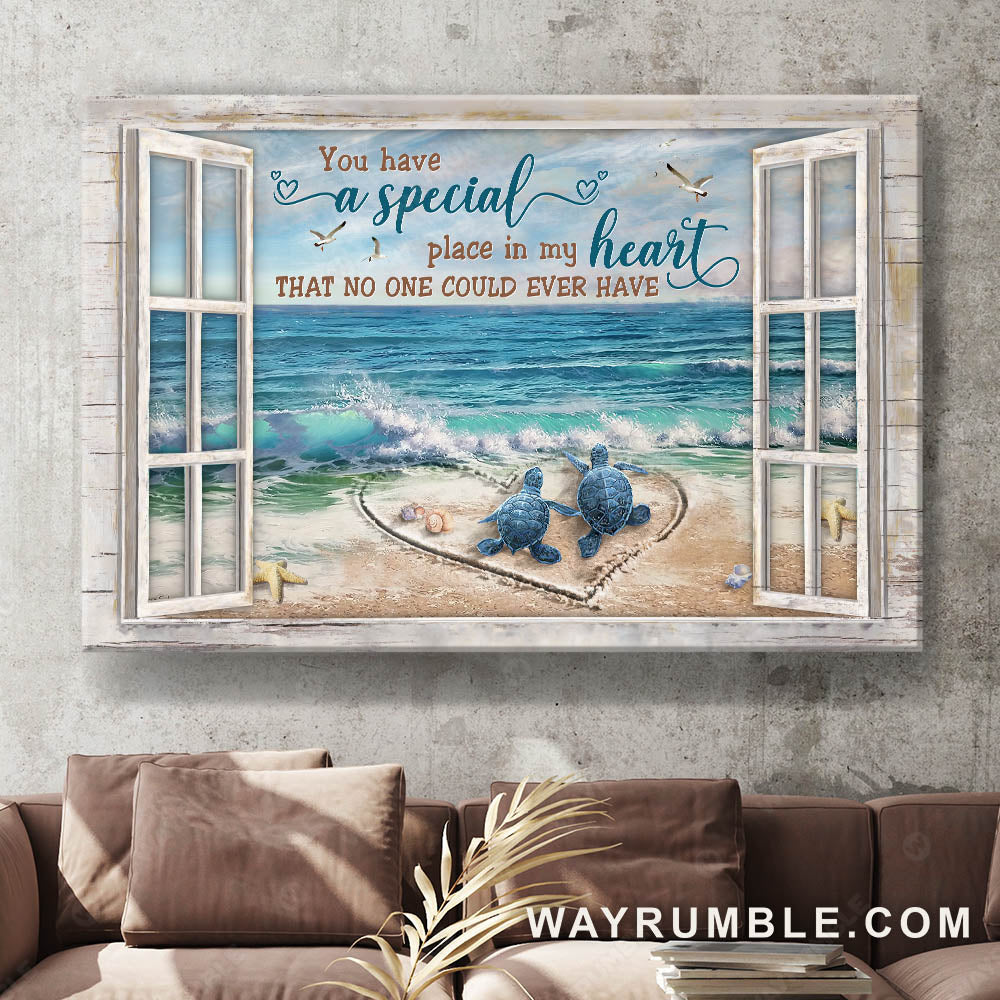 Sea turtle, To the ocean, White window frame, You have a special place in my heart - Couple Landscape Canvas Prints, Wall Art