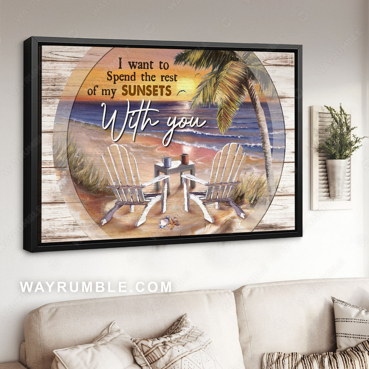 Beach chairs, Palm tree, Sunset sky, Spend my sunsets with you - Couple Landscape Canvas Prints, Wall Art