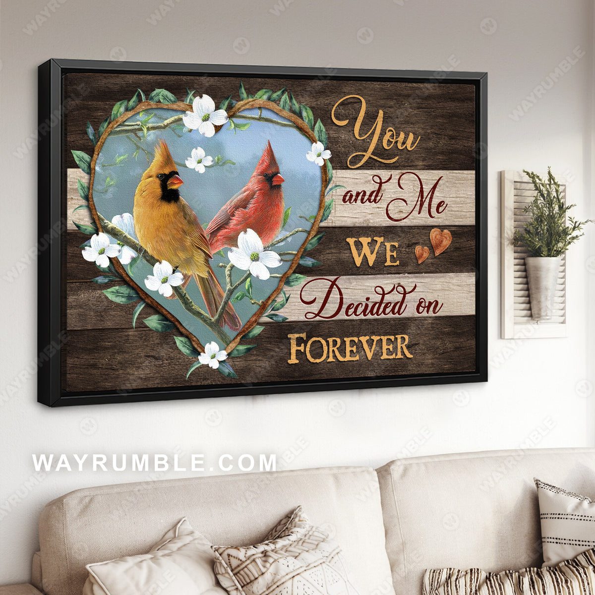Cardinal Couple, Heart shape wreath, We decided on forever - Couple Landscape Canvas Prints, Wall Art