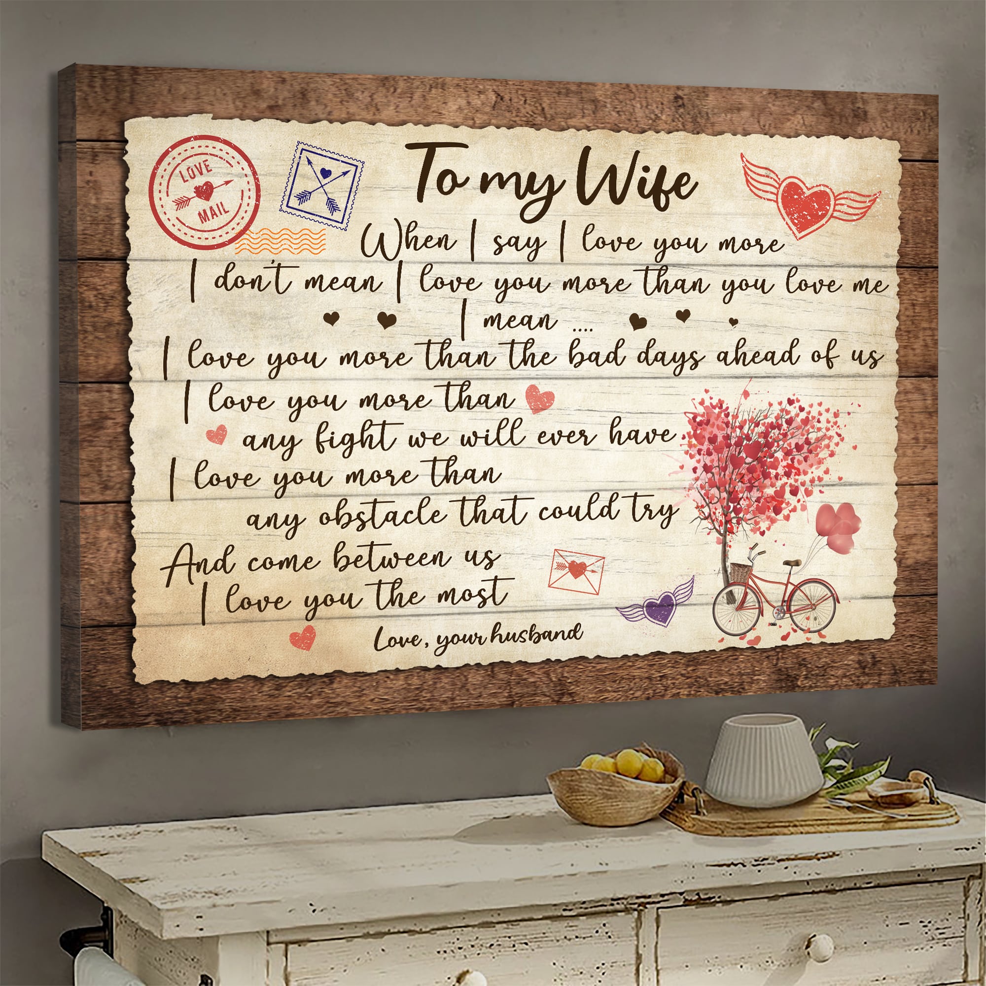 To my wife, The Love Letter, Heart Bicycle, I love you the most - Couple Landscape Canvas Prints, Wall Art