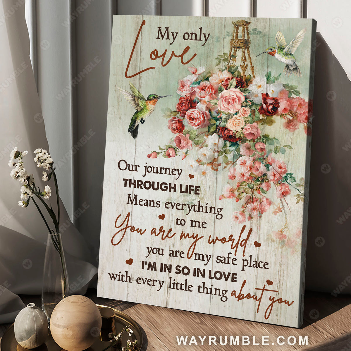 Hummingbird couple, Beautiful rose flower, You are my world - Couple Portrait Canvas Prints, Wall Art