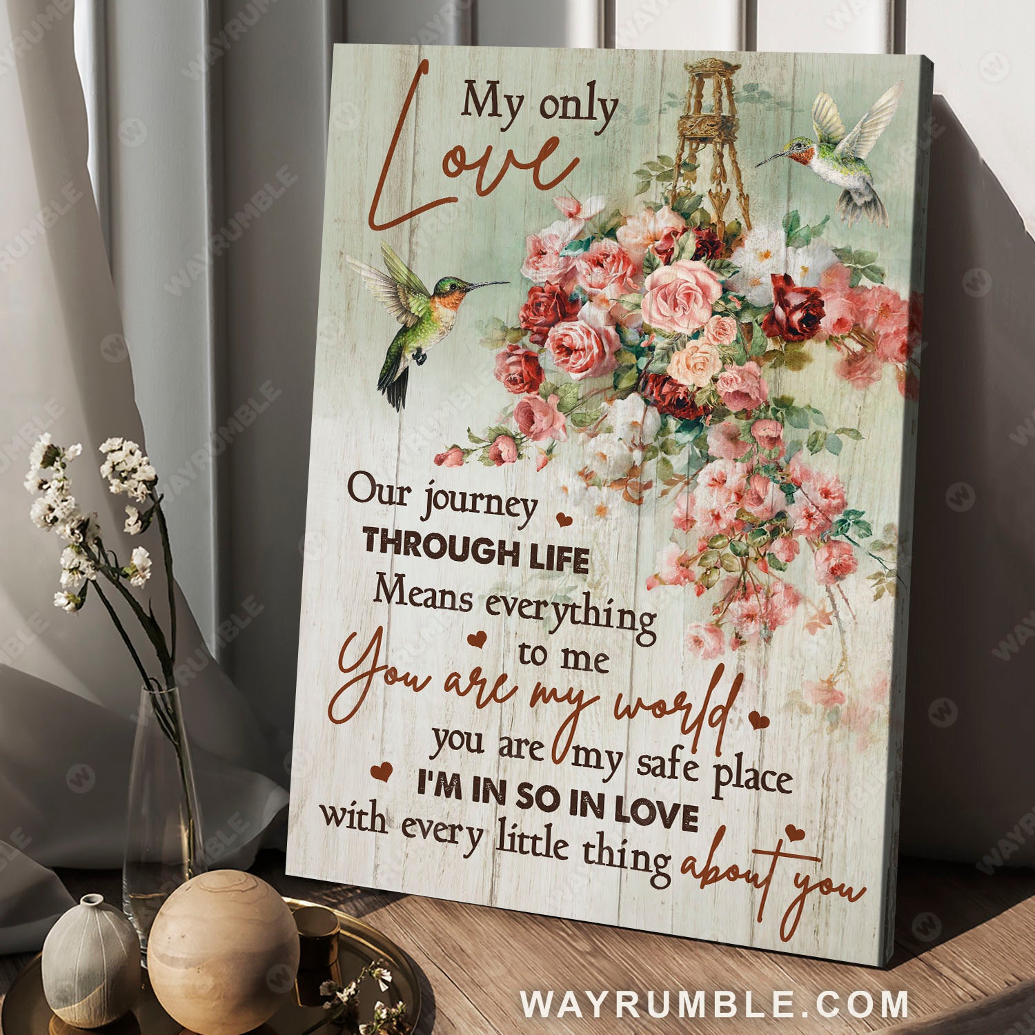 Hummingbird couple, Beautiful rose flower, You are my world - Couple Portrait Canvas Prints, Wall Art