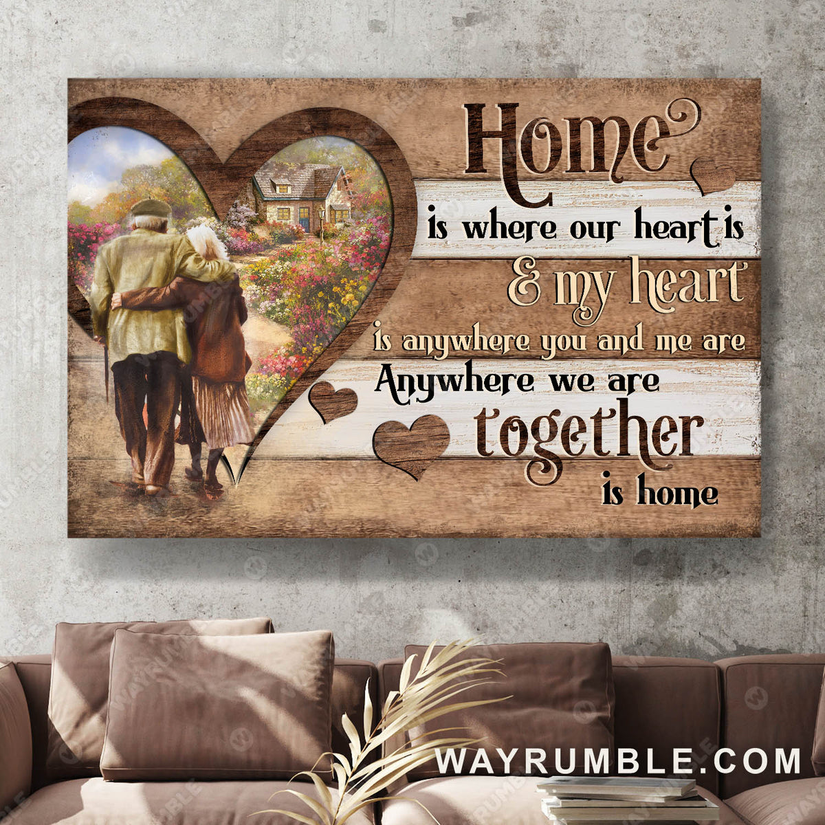 Old loving couple, Garden house painting, Home is where our heart is - Couple Landscape Canvas Prints, Wall Art