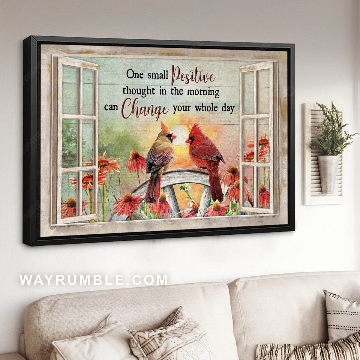 Red cardinal, Yellow cardinal, Red daisy, One small positive thought - Couple Landscape Canvas Prints, Wall Art