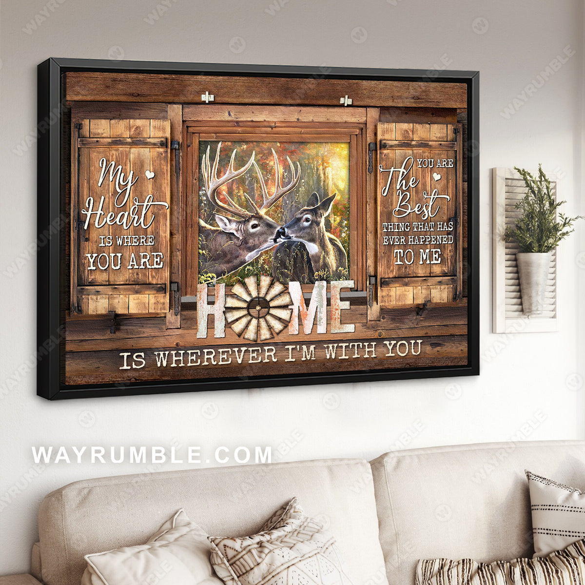 Deer painting, In the forest, Wooden window, Home is wherever I&#39;m with you - Couple Landscape Canvas Prints, Wall Art