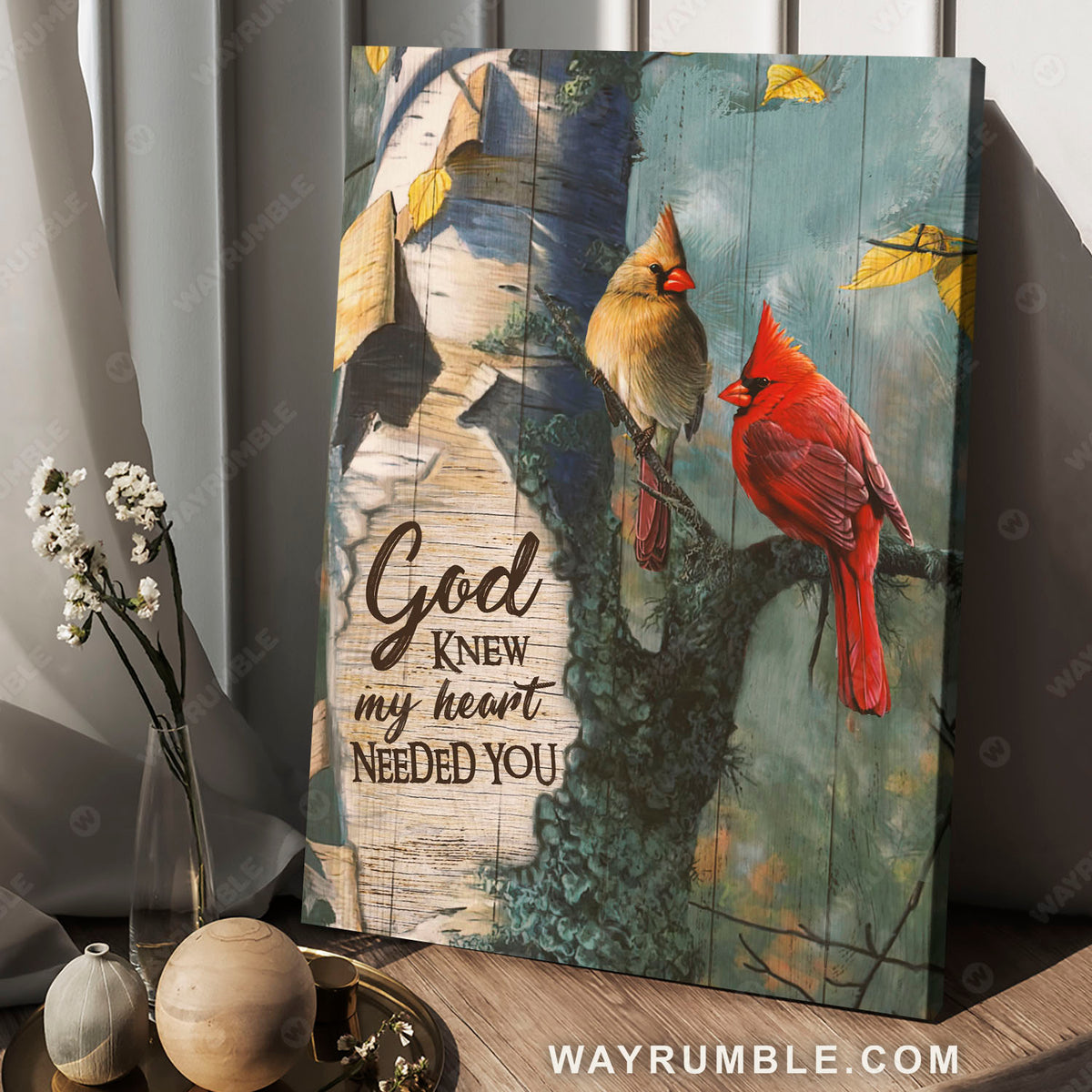 Cardinal couple, In the forest, Tree painting, God knew my heart needed you - Couple Portrait Canvas Prints, Wall Art