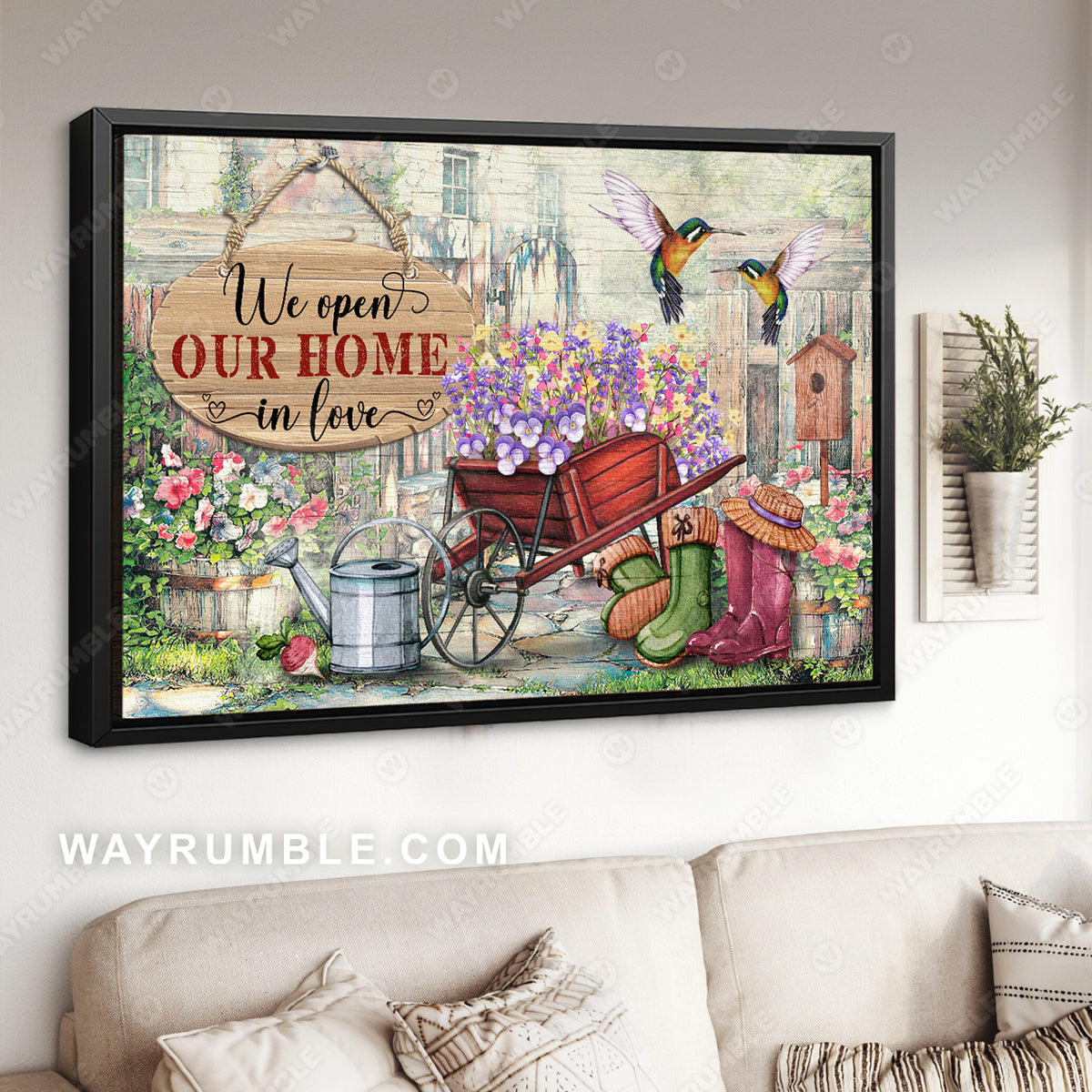 Flower garden, Hummingbird, Flower painting, We open our home in love - Couple Landscape Canvas Prints, Wall Art