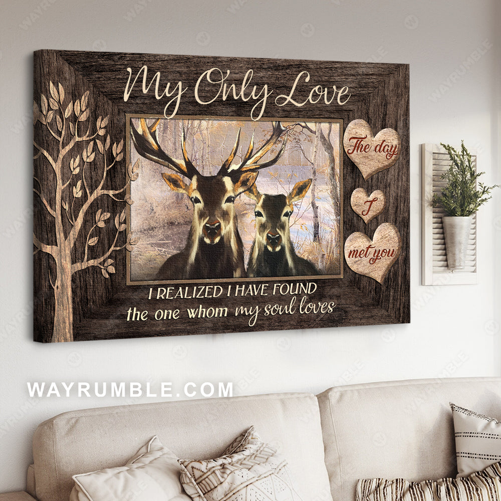 Deer couple, Winter forest, Wooden frame, I realized I have found the one whom my soul love - Couple Landscape Canvas Prints, Wall Art