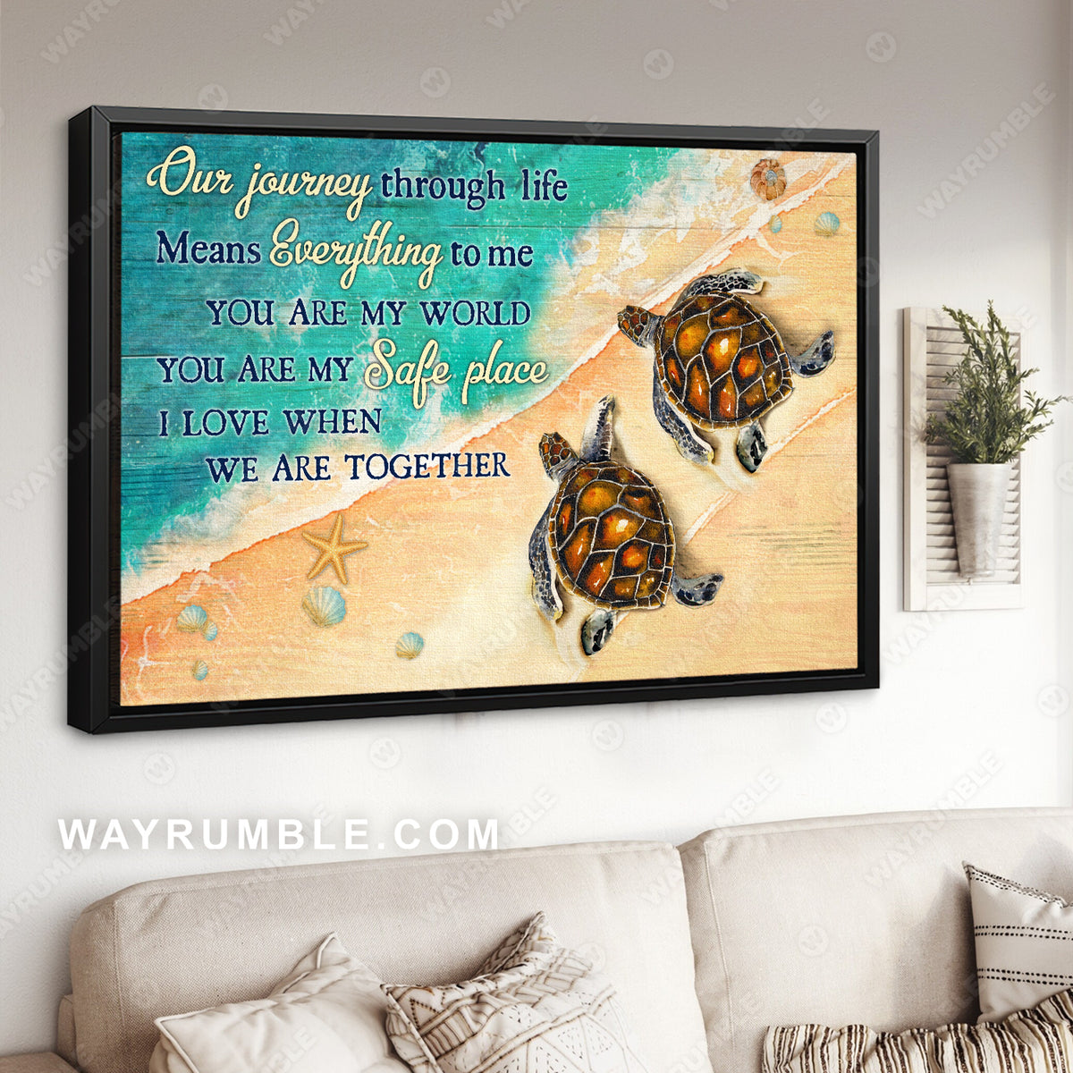 Sea turtle, On the beach, I love when we are together - Couple Landscape Canvas Prints, Wall Art