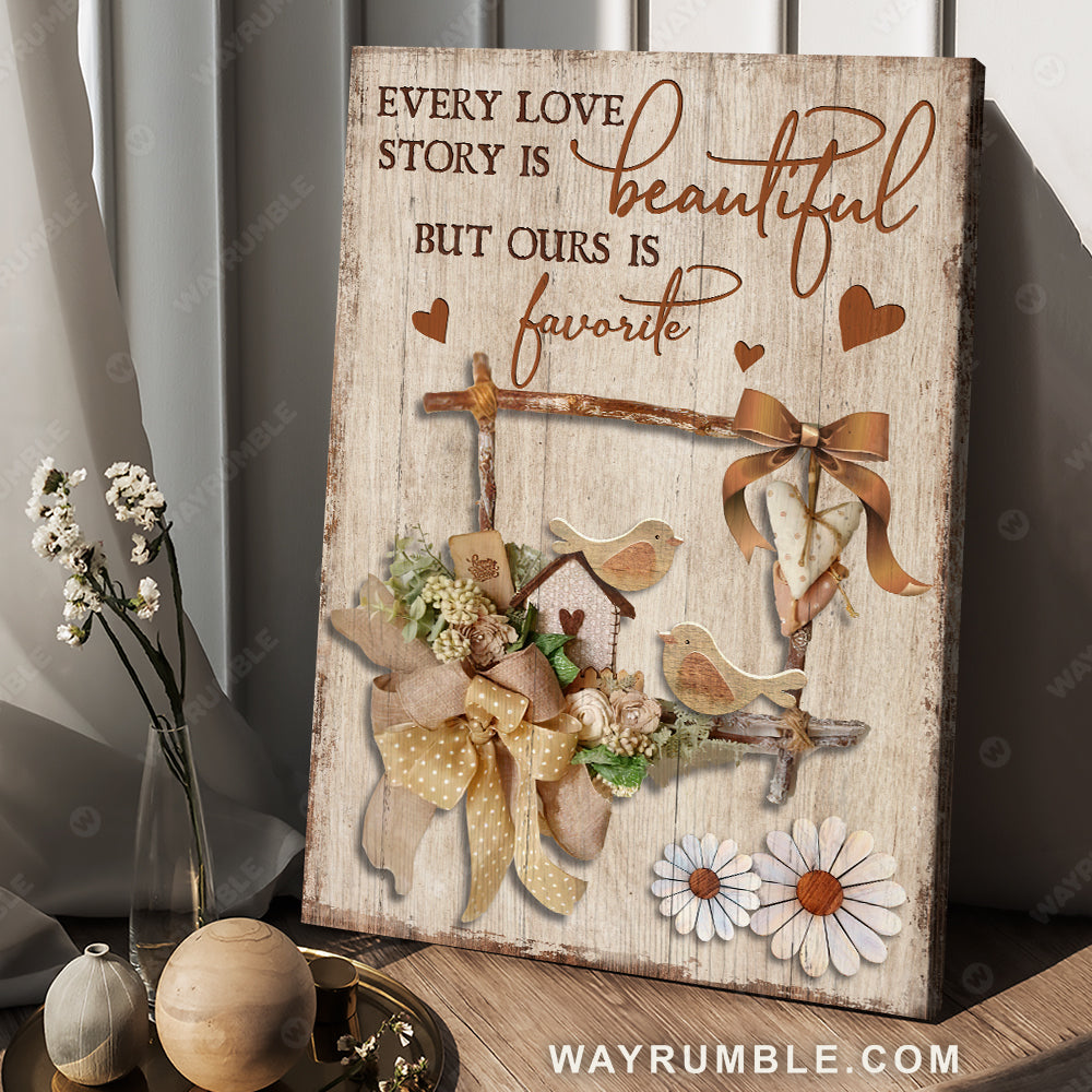 Wooden bird, Bird couple, Paper flower, Vintage gift, Our love story is favorite - Couple Portrait Canvas Prints, Wall Art