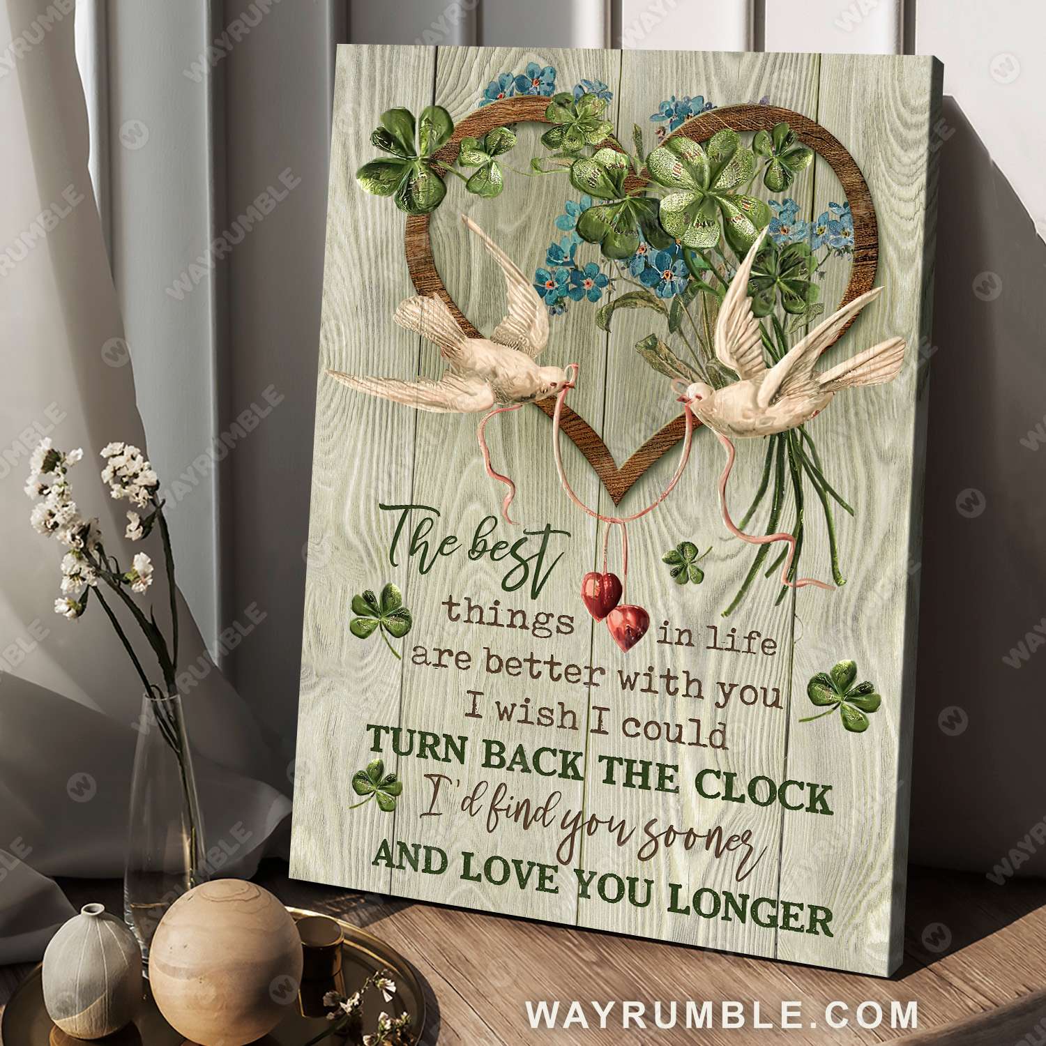 Dove couple, Clover drawing, Vintage painting, I'll find you sooner and love you longer - Couple Portrait Canvas Prints, Wall Art