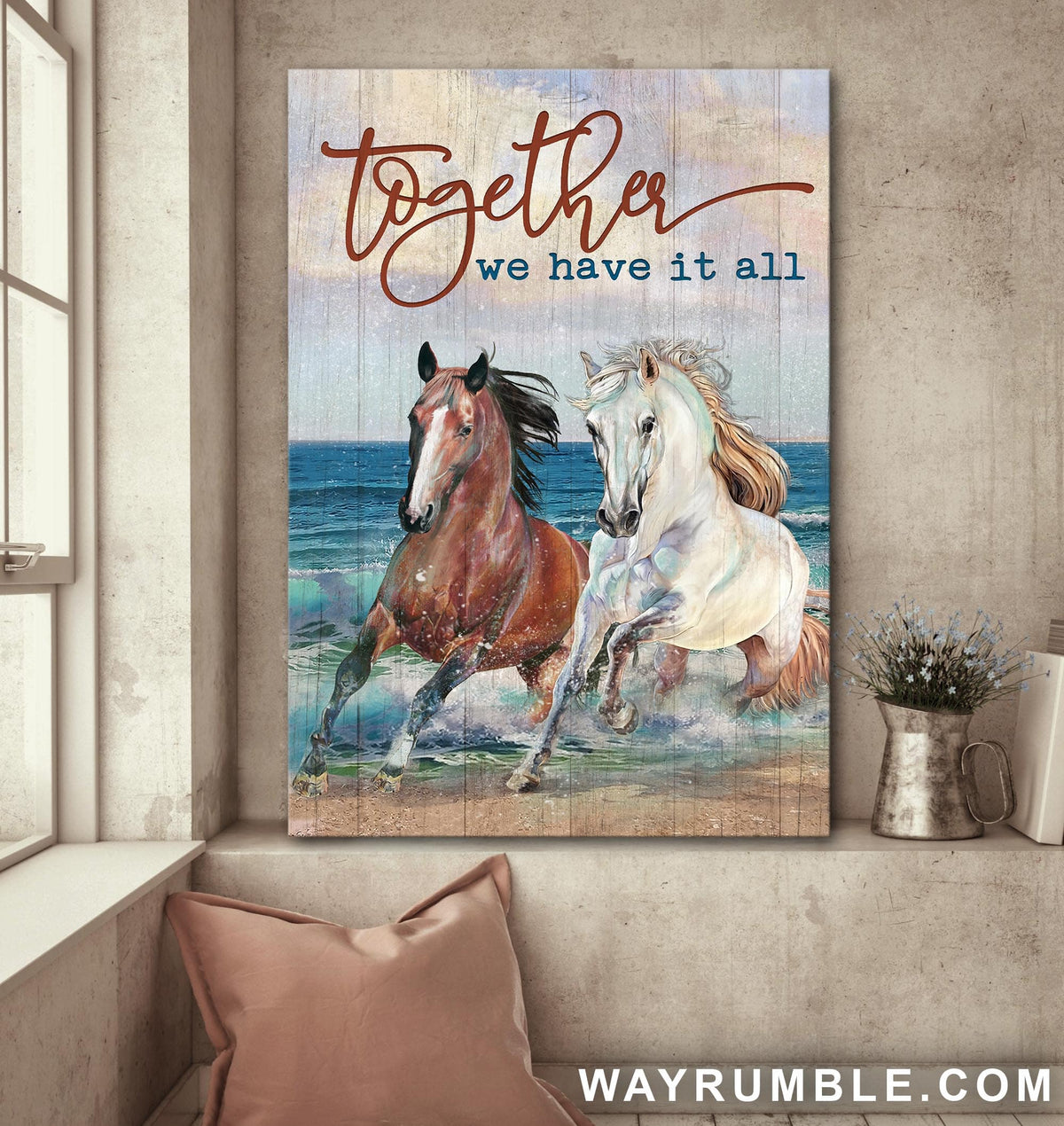 Horse couple, On the beach, Together we have it all - Couple Portrait Canvas Prints, Wall Art
