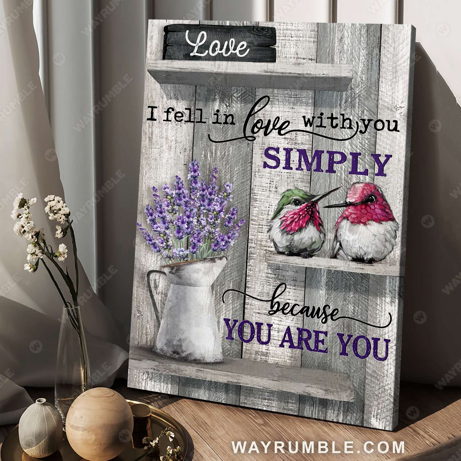Hummingbird, Lavender, Vintage painting, I fell in love with you simply because you are you - Couple Portrait Canvas Prints, Wall Art
