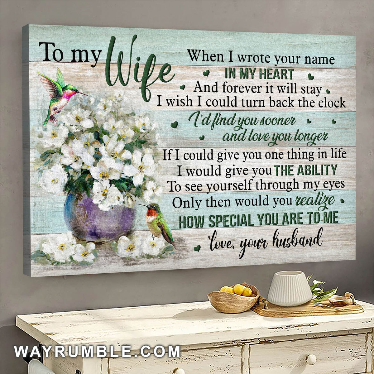 To my wife, Hummingbird, Flower vase, I wrote your name in my heart - Couple Landscape Canvas Prints, Wall Art