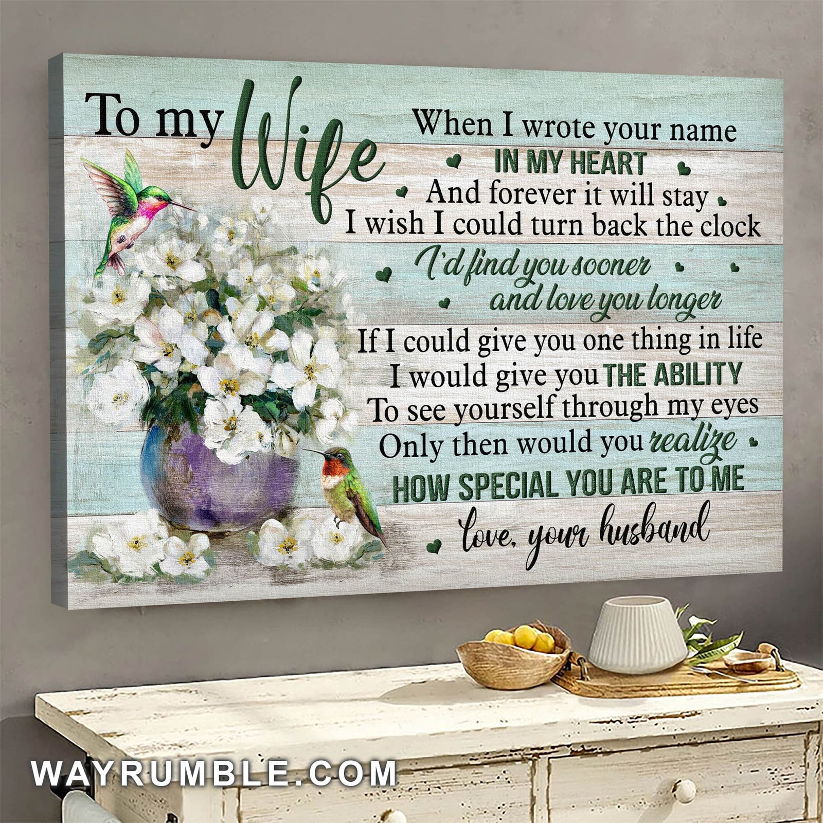 To my wife, Hummingbird, Flower vase, I wrote your name in my heart - Couple Landscape Canvas Prints, Wall Art