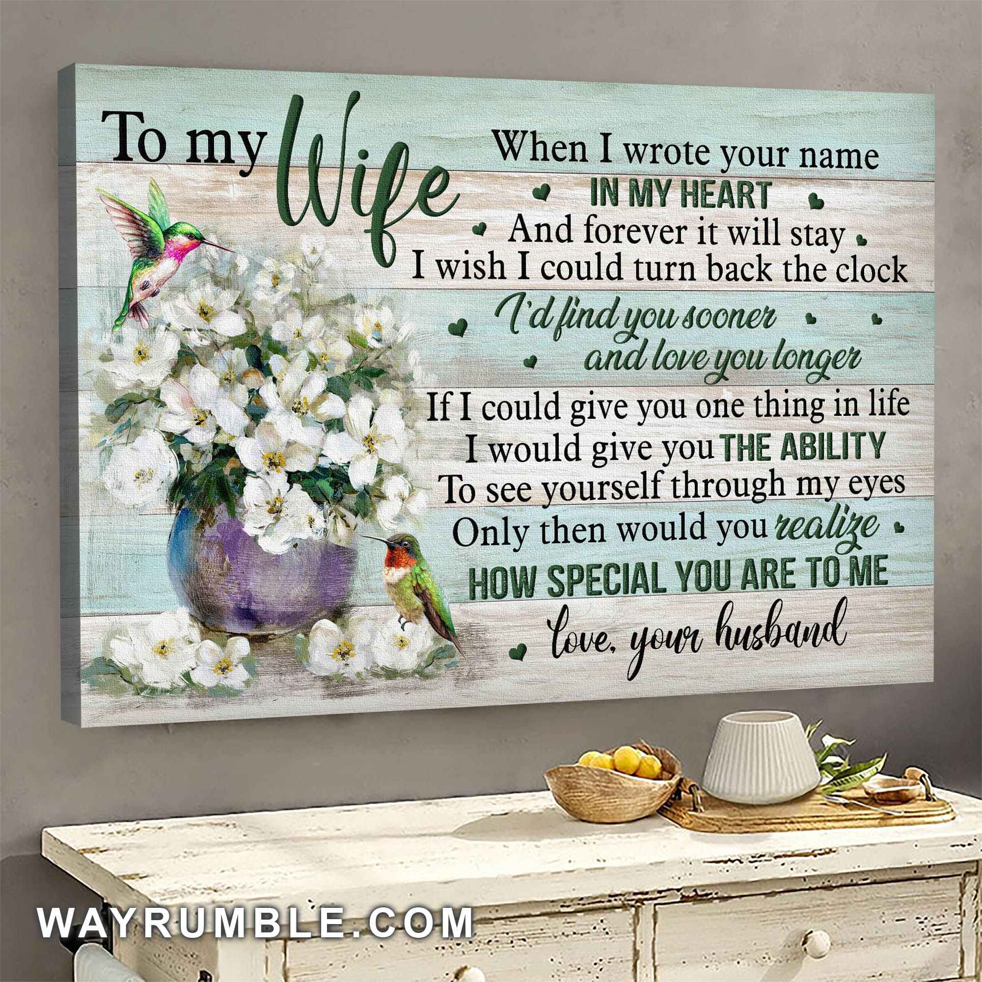 To my wife, Hummingbird, Flower vase, I wrote your name in my heart - Couple Landscape Canvas Prints, Wall Art