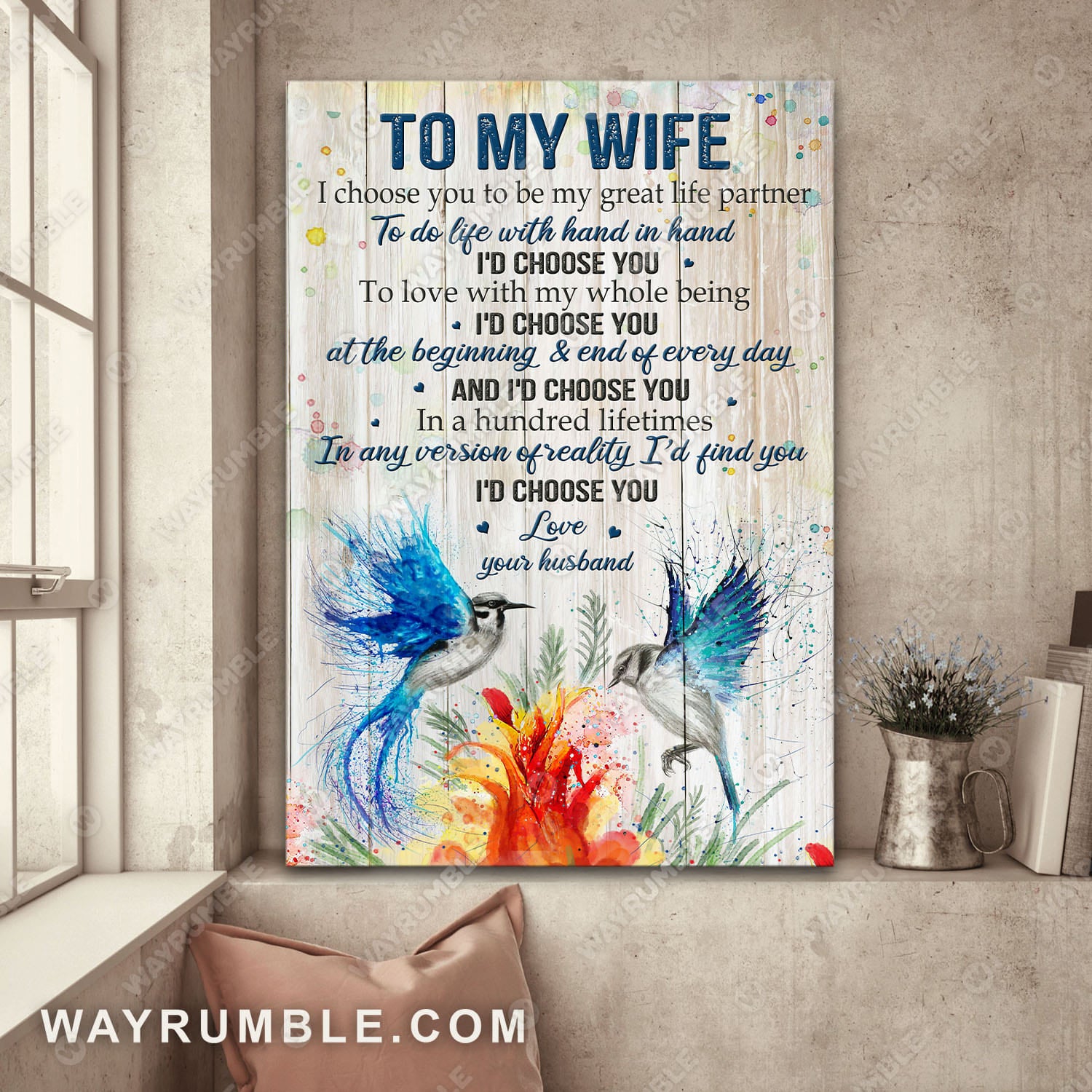 To my wife, Blue bird painting, I'd choose you in a hundred lifetimes - Couple Portrait Canvas Prints, Wall Art