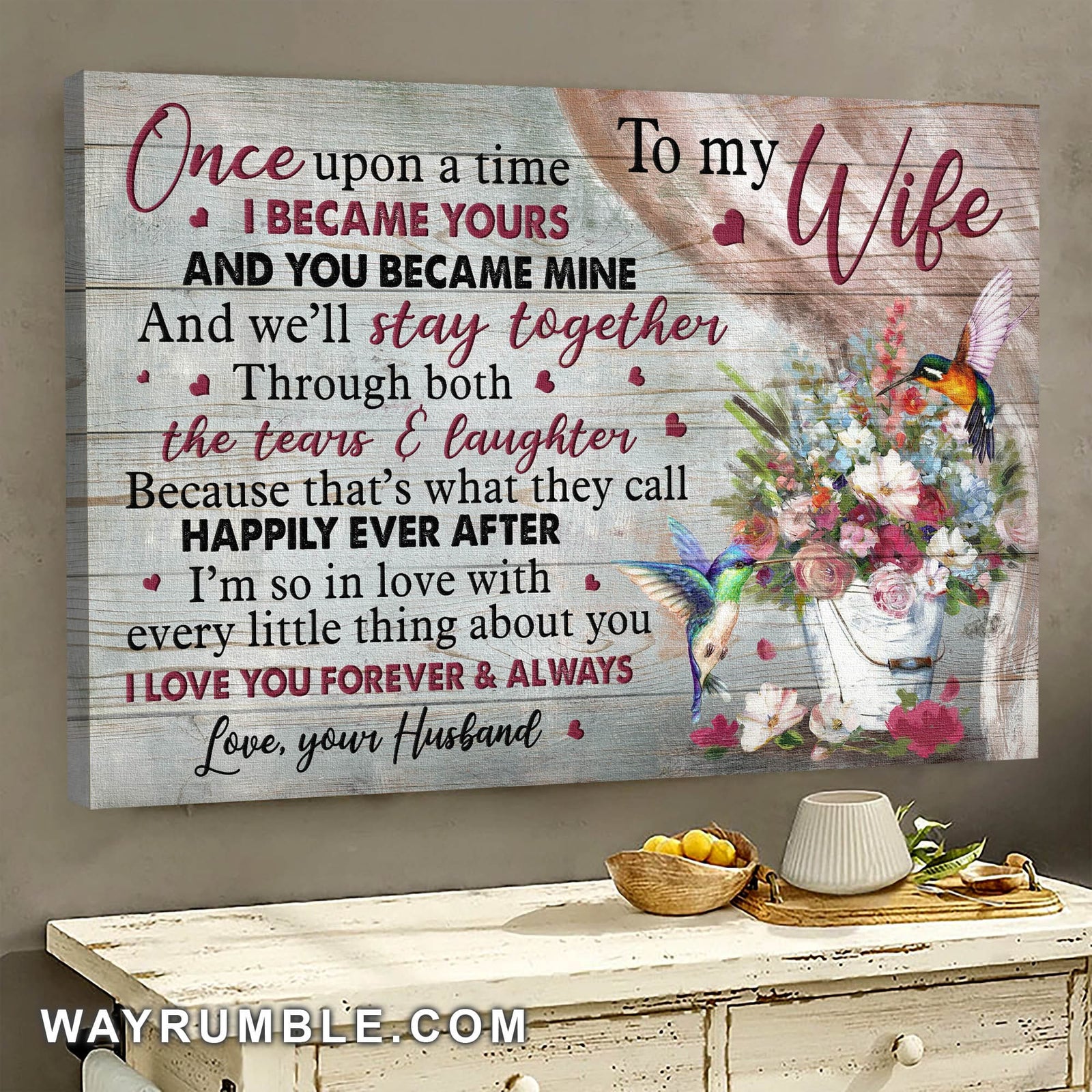 To my wife, Hummingbird, Roses Vase, I love you forever & always - Couple Landscape Canvas Prints, Wall Art