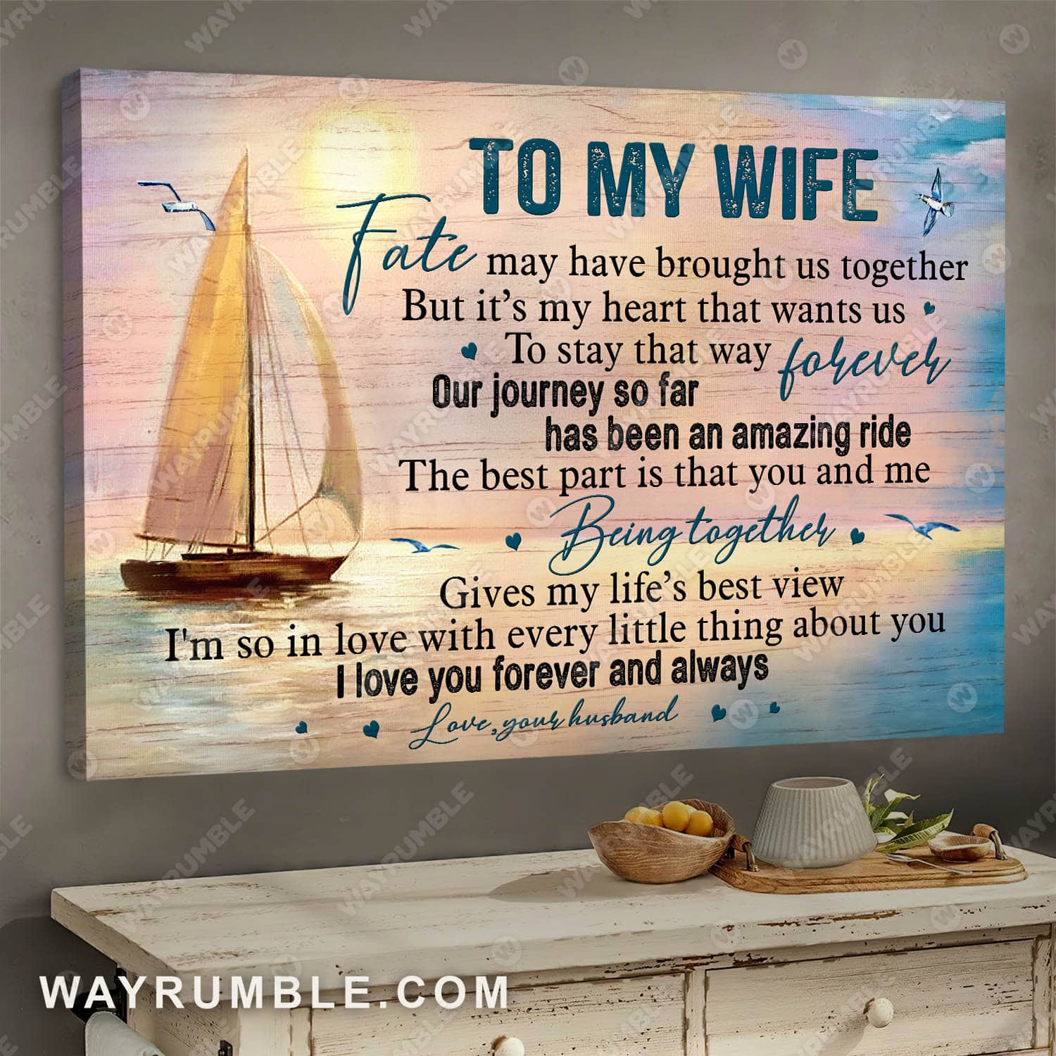 To my wife, Sailboat painting, Sunset Ocean, I'm so in love with you - Couple Portrait Canvas Prints, Wall Art