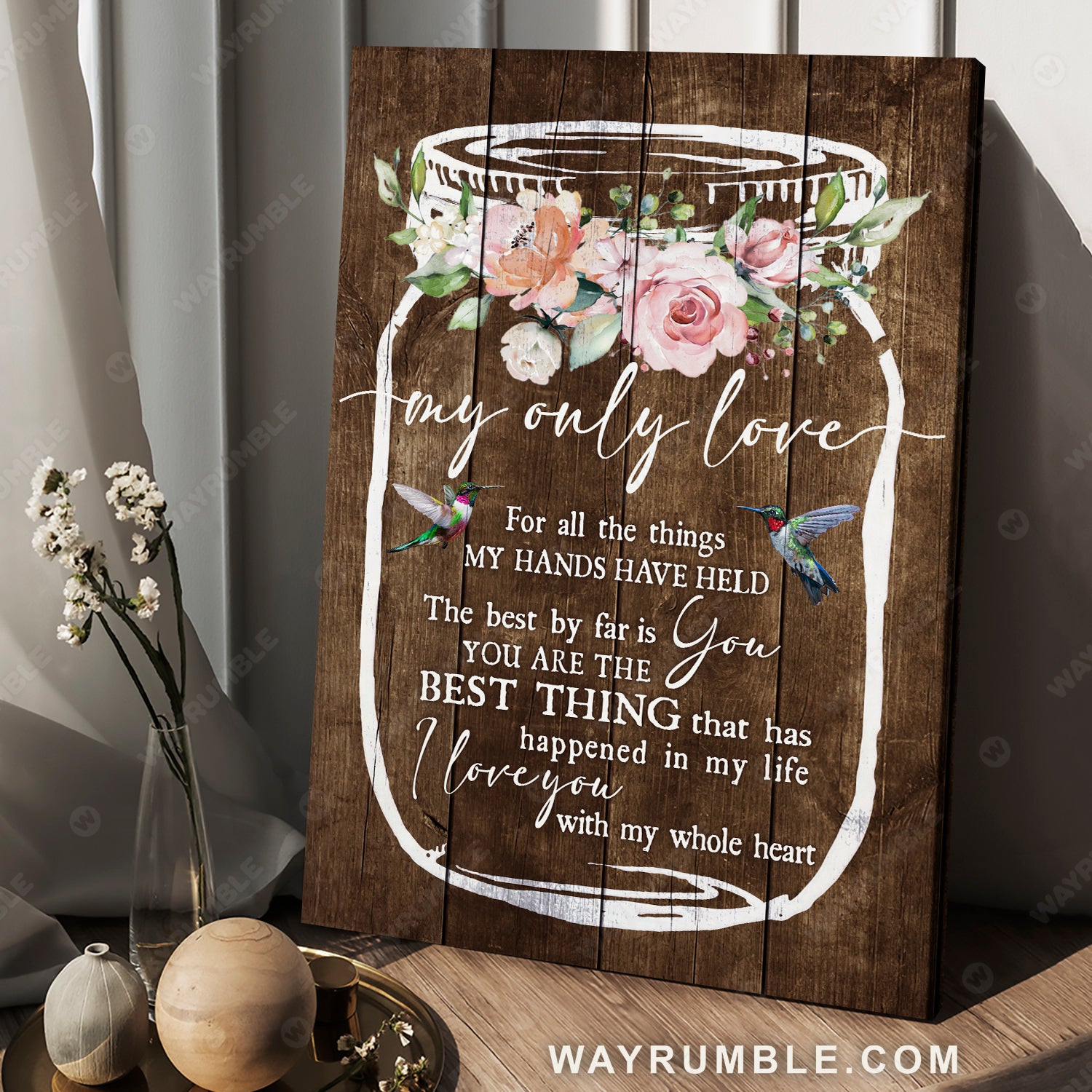 Flower jar, Mason jar, Vintage painting, Hummingbird, I love you with my whole heart - Couple Portrait Canvas Prints, Wall Art