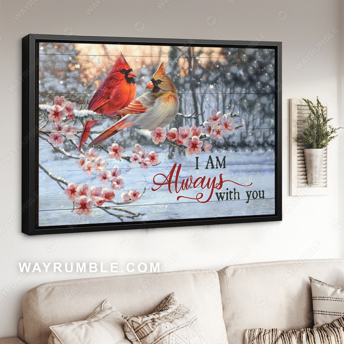 Peach blossom, Pretty cardinal Winter forest, I am always with you - Couple Landscape Canvas Prints, Home Decor Wall Art