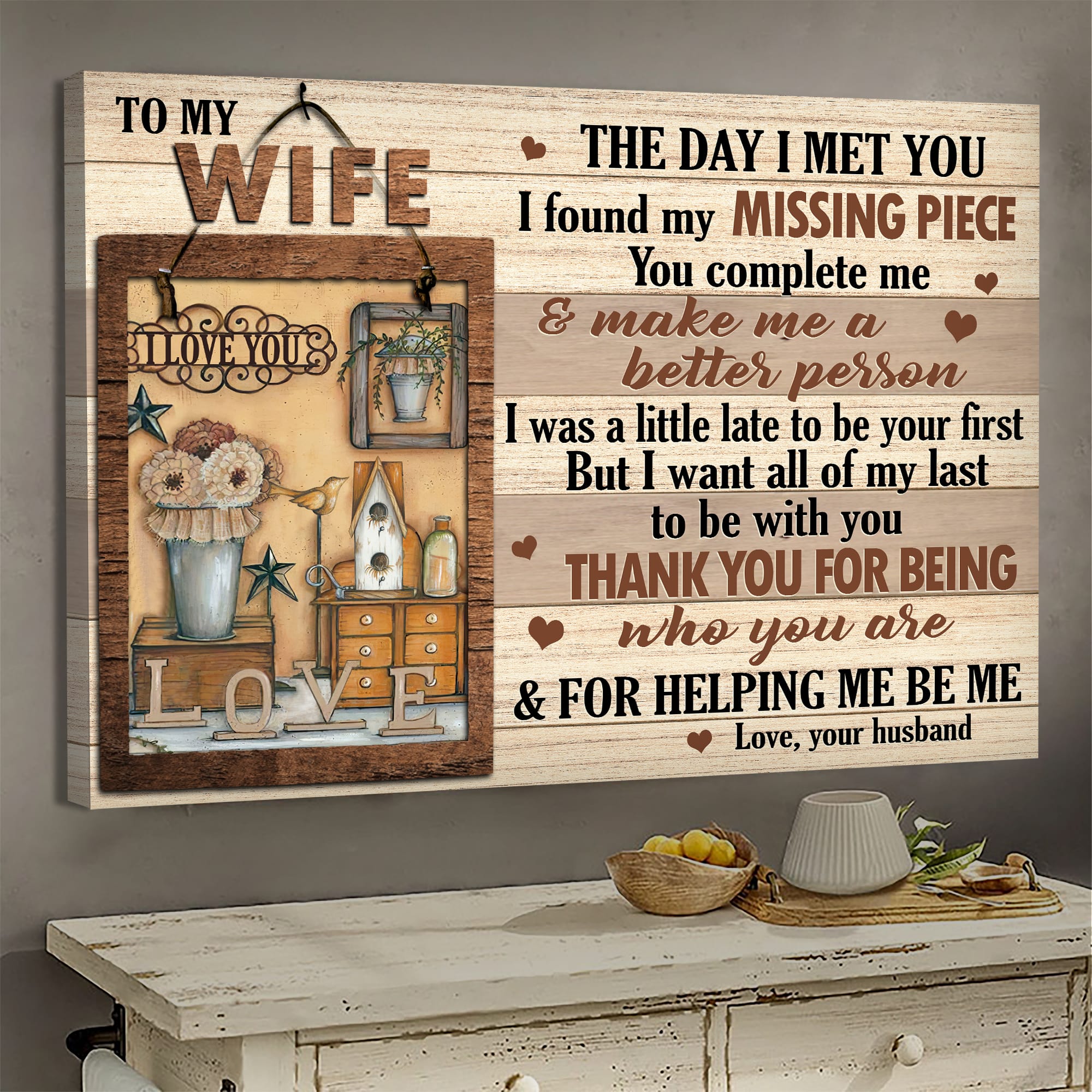 To my wife, Picture frame, Vintage Painting, The day I met you I found my missing piece - Couple Landscape Canvas Prints, Wall Art