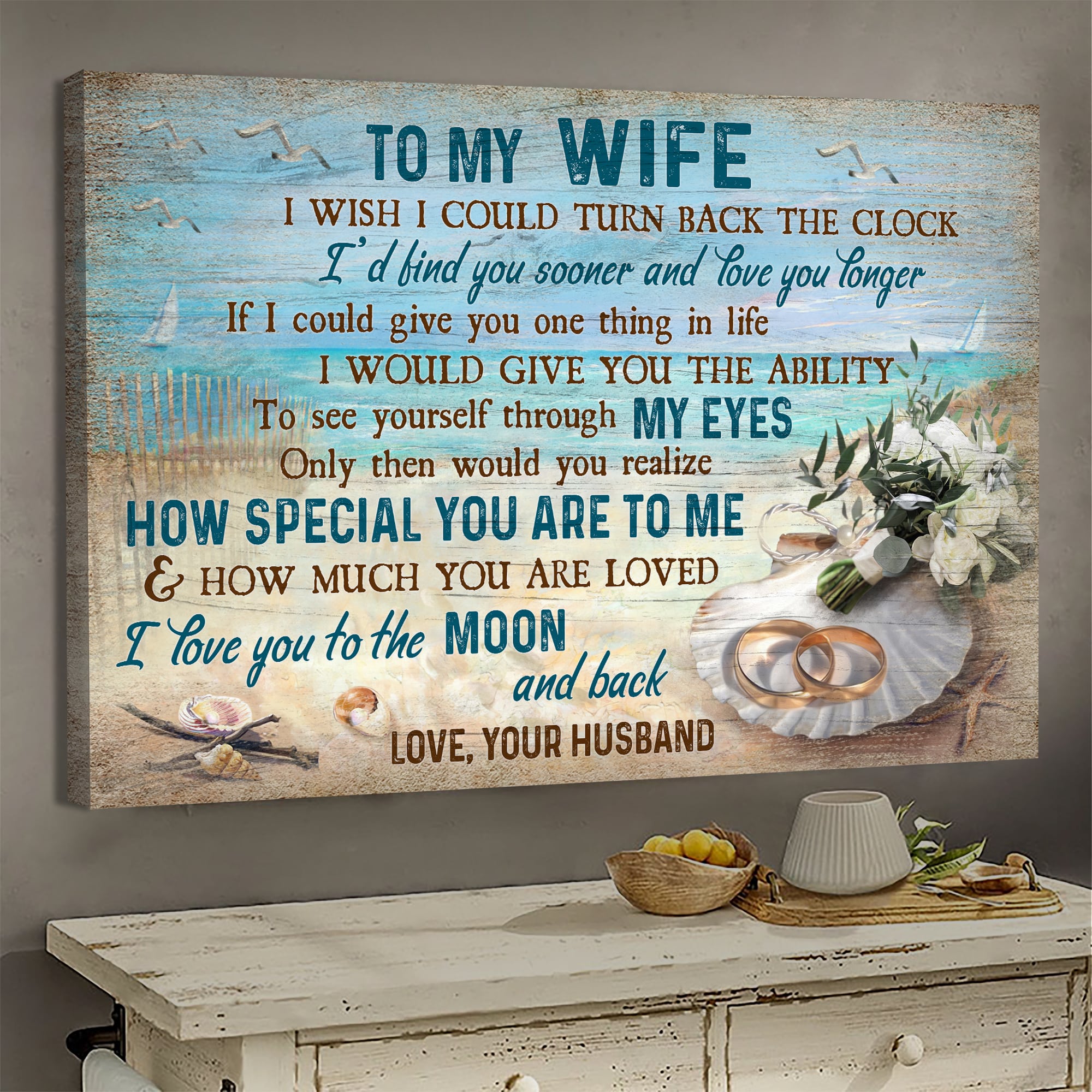 To my wife, Seashell, Ring couple, Lily flower, On the beach, I love you to the moon & back - Couple Landscape Canvas Prints, Wall Art
