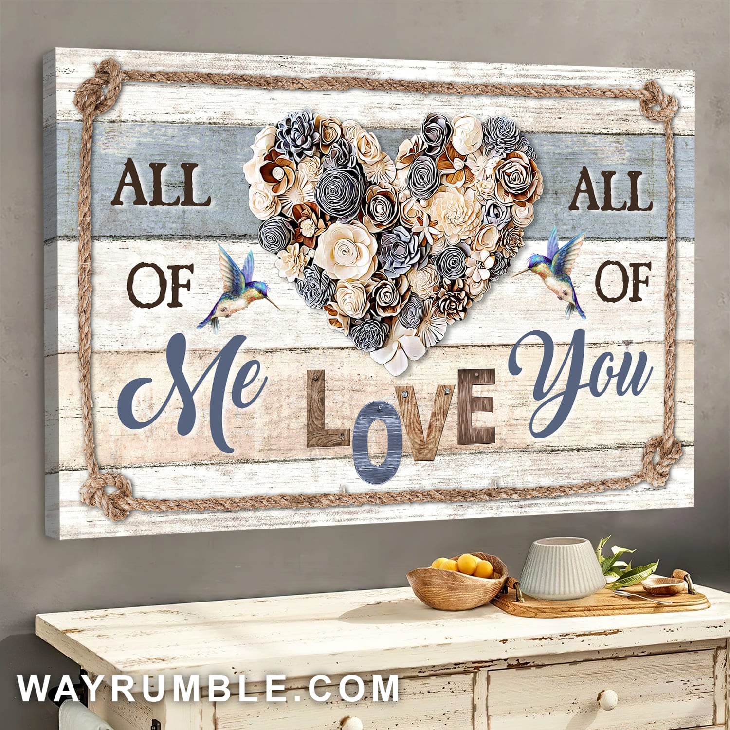 Flower heart, Hummingbird, All of me all of you - Couple Landscape Canvas Prints, Wall Art