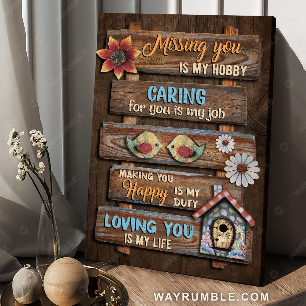 Bird couple, Sweet home, Vintage painting, Loving you is my life - Couple Portrait Canvas Prints, Wall Art