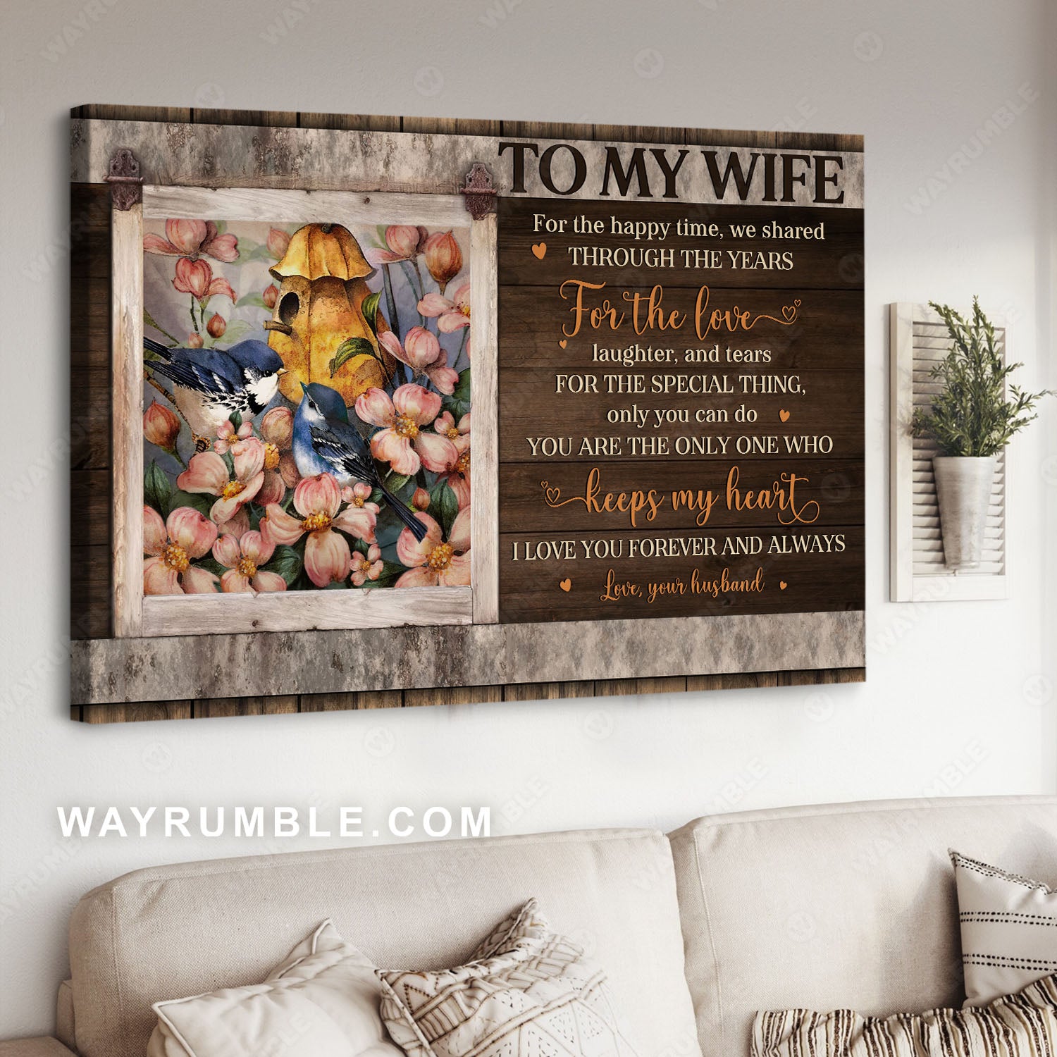 To my wife, Blue jay painting, Vintage flower, I love you forever and always - Couple Landscape Canvas Prints, Wall Art