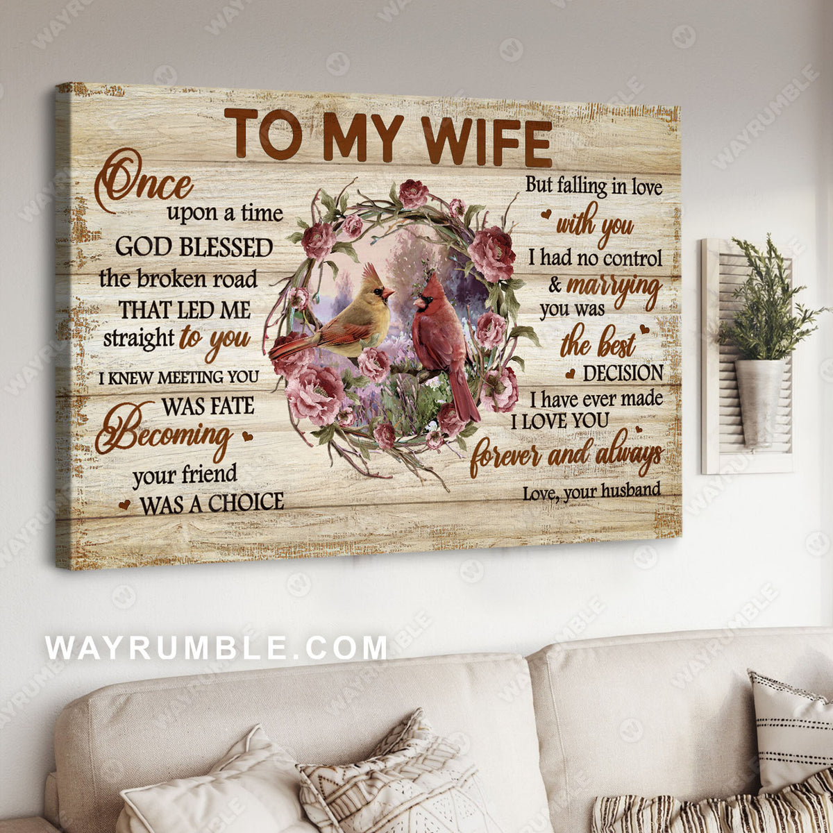 To my wife, Cardinal painting, Flower wreath, I love you forever and always - Couple Landscape Canvas Prints, Wall Art