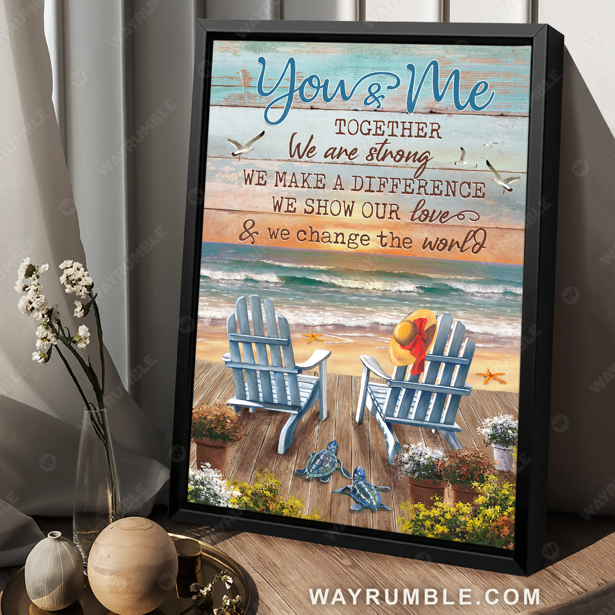 Blue chairs, Ocean painting, Orange sunset, You and me together - Couple Portrait Canvas Prints, Wall Art