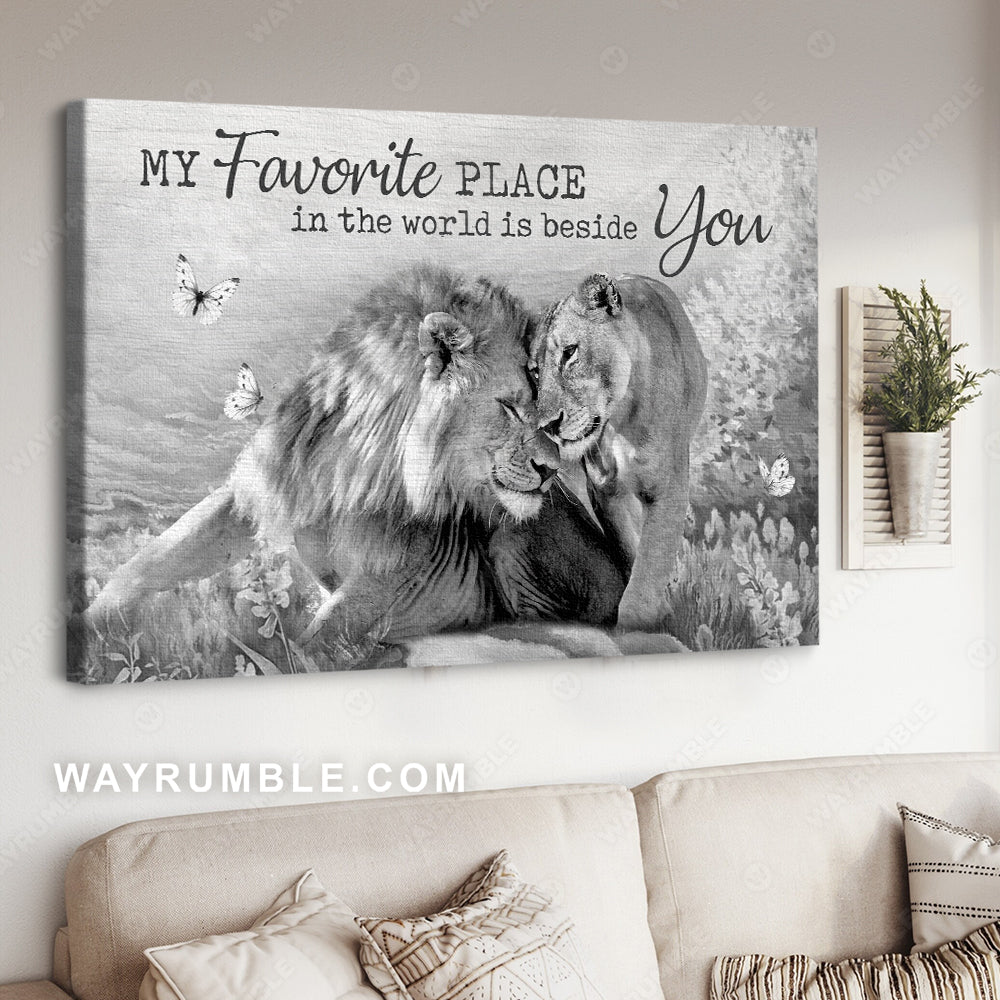 Lion couple, Black and white painting, A peaceful time, My favorite place in this world is beside you - Couple Landscape Canvas Prints, Wall Art