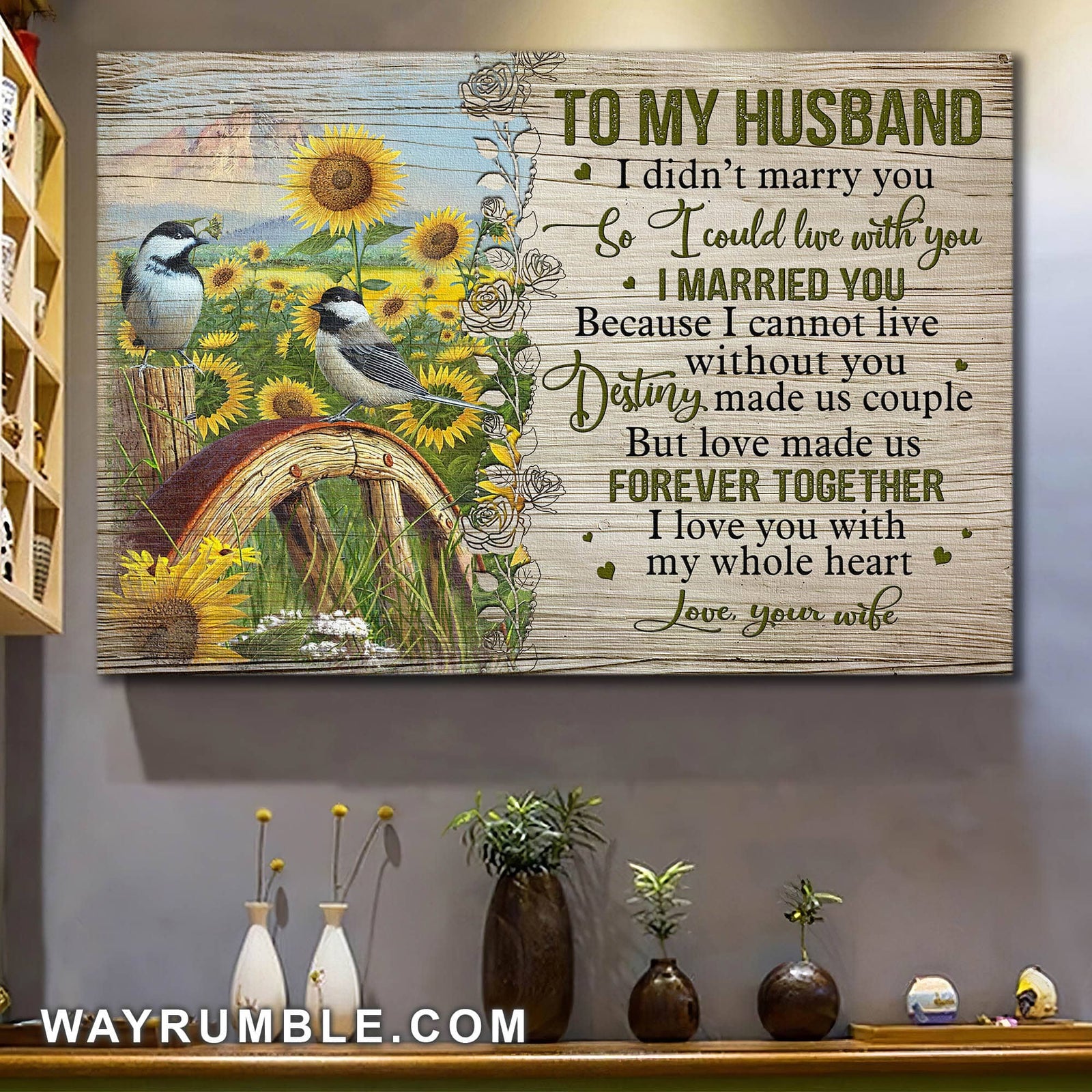 To my husband, Love made us forever together, Black-capped Chickadee, Sunflower field - Couple Landscape Canvas Prints, Wall Art