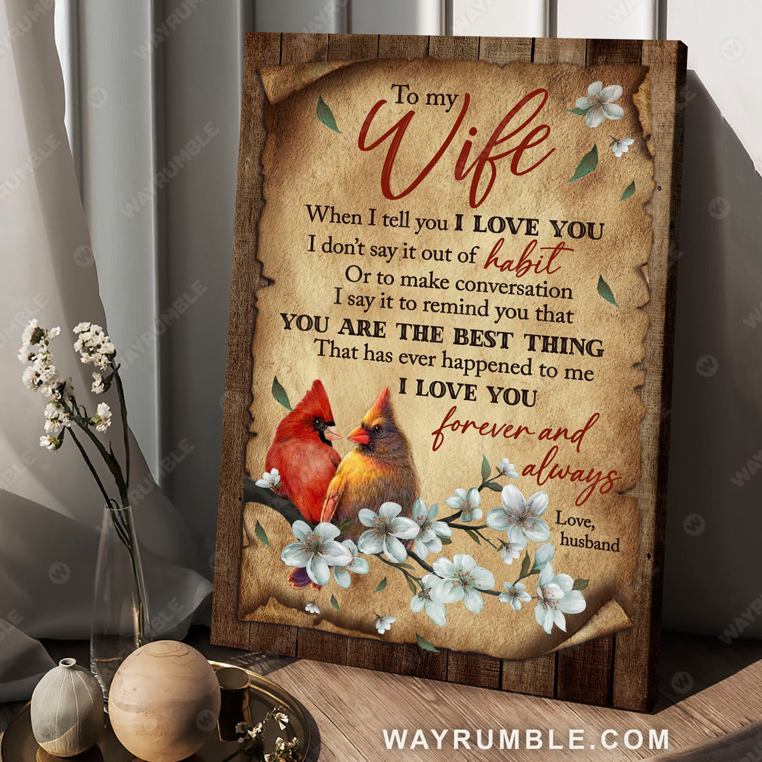 To my wife, Cardinal couple, Jasmine flower,  Old letter, I love you forever and always - Couple Portrait Canvas Prints, Wall Art