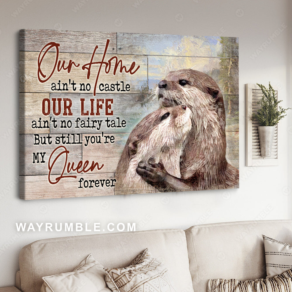 Otter couple, Forest painting, You are my queen forever - Couple Landscape Canvas Prints, Wall Art