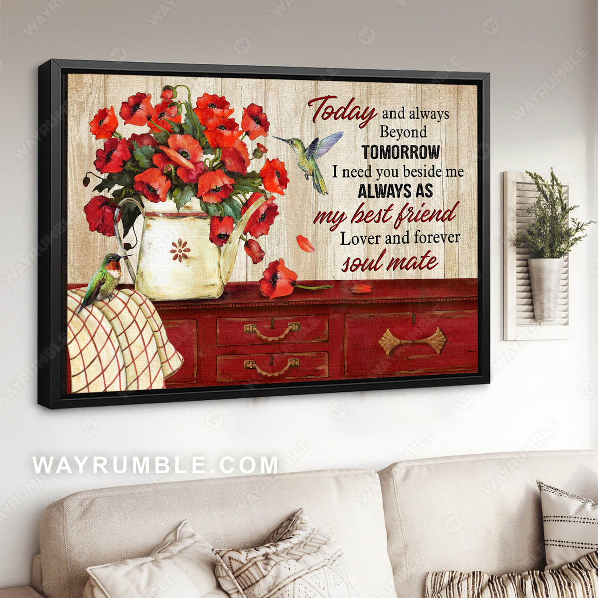 Poppy flower vase, Vintage painting, I need you beside me - Couple Canvas Prints, Wall Art