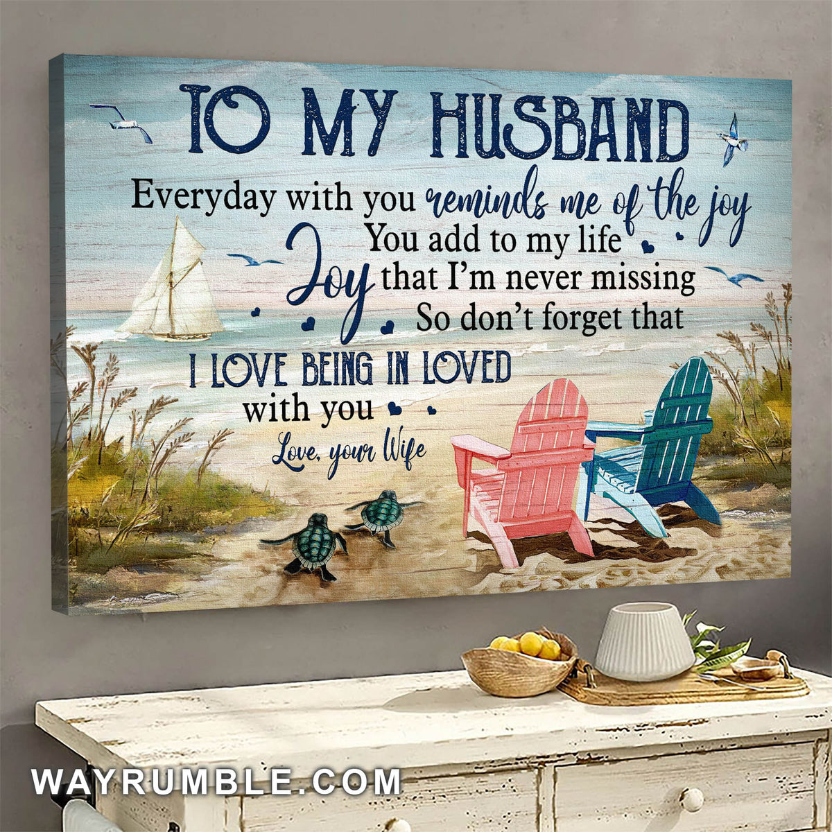 To my husband, Turtle Couple, Chair, Beach, I love being in loved with you - Couple Landscape Canvas Prints, Wall Art