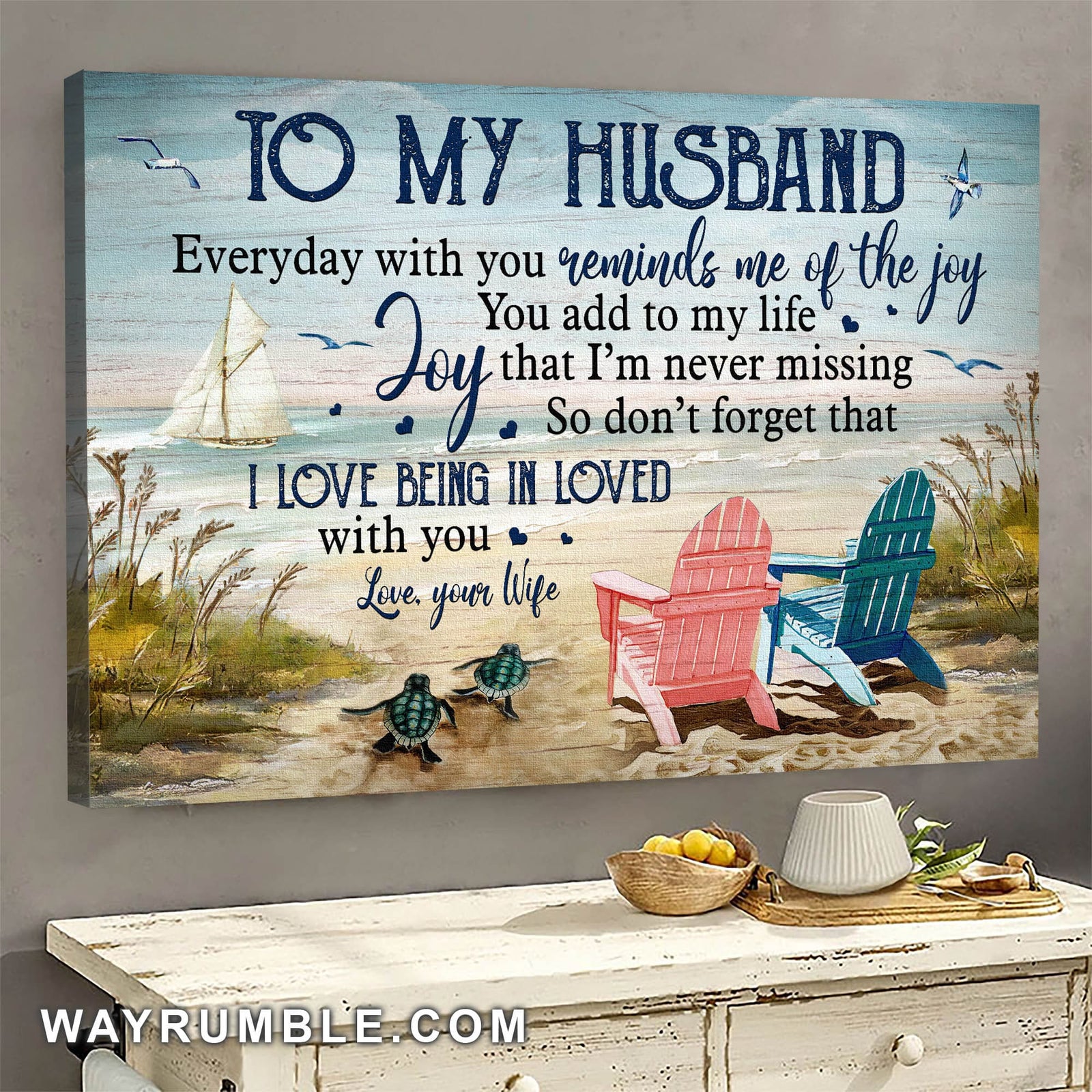 To my husband, Turtle Couple, Chair, Beach, I love being in loved with you - Couple Landscape Canvas Prints, Wall Art