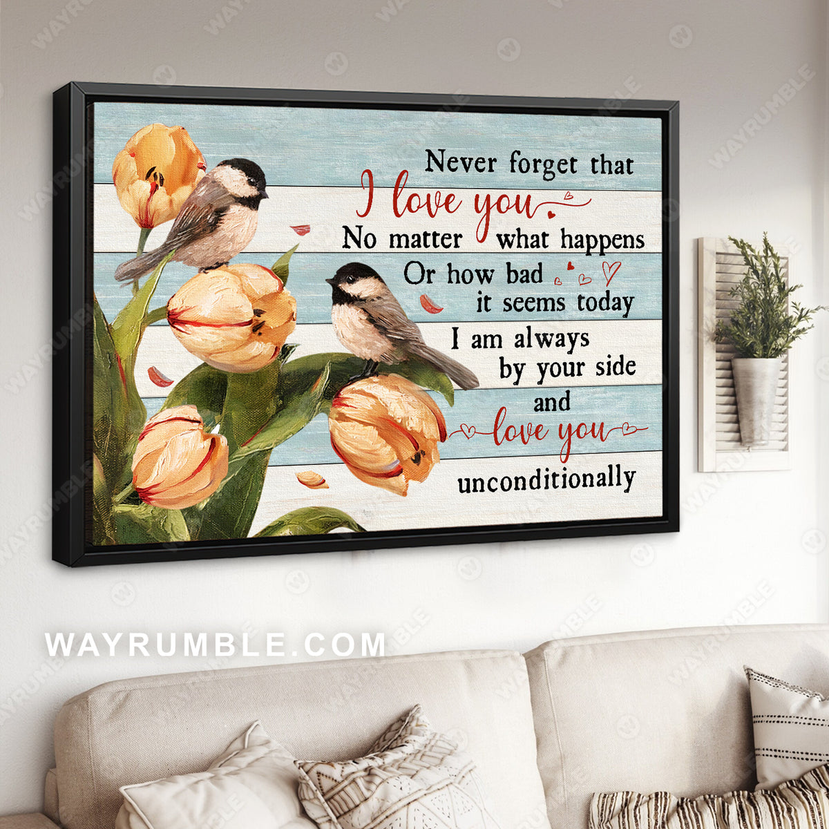 Black-Capped Chickadee, Tulip flower, I love you unconditionally - Couple Landscape Canvas Prints, Wall Art
