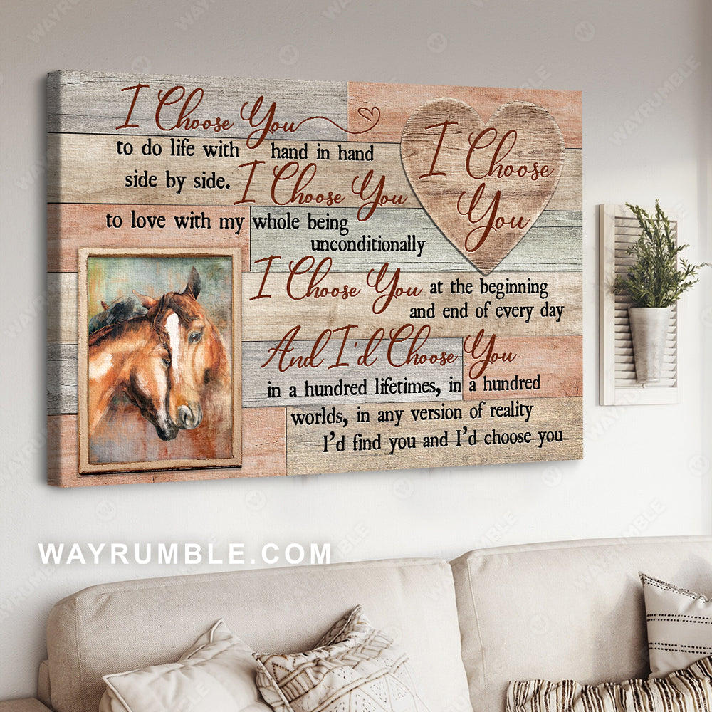 Horse couple, Brown horse painting, Wooden Background, I choose you - Couple Landscape Canvas Prints, Wall Art