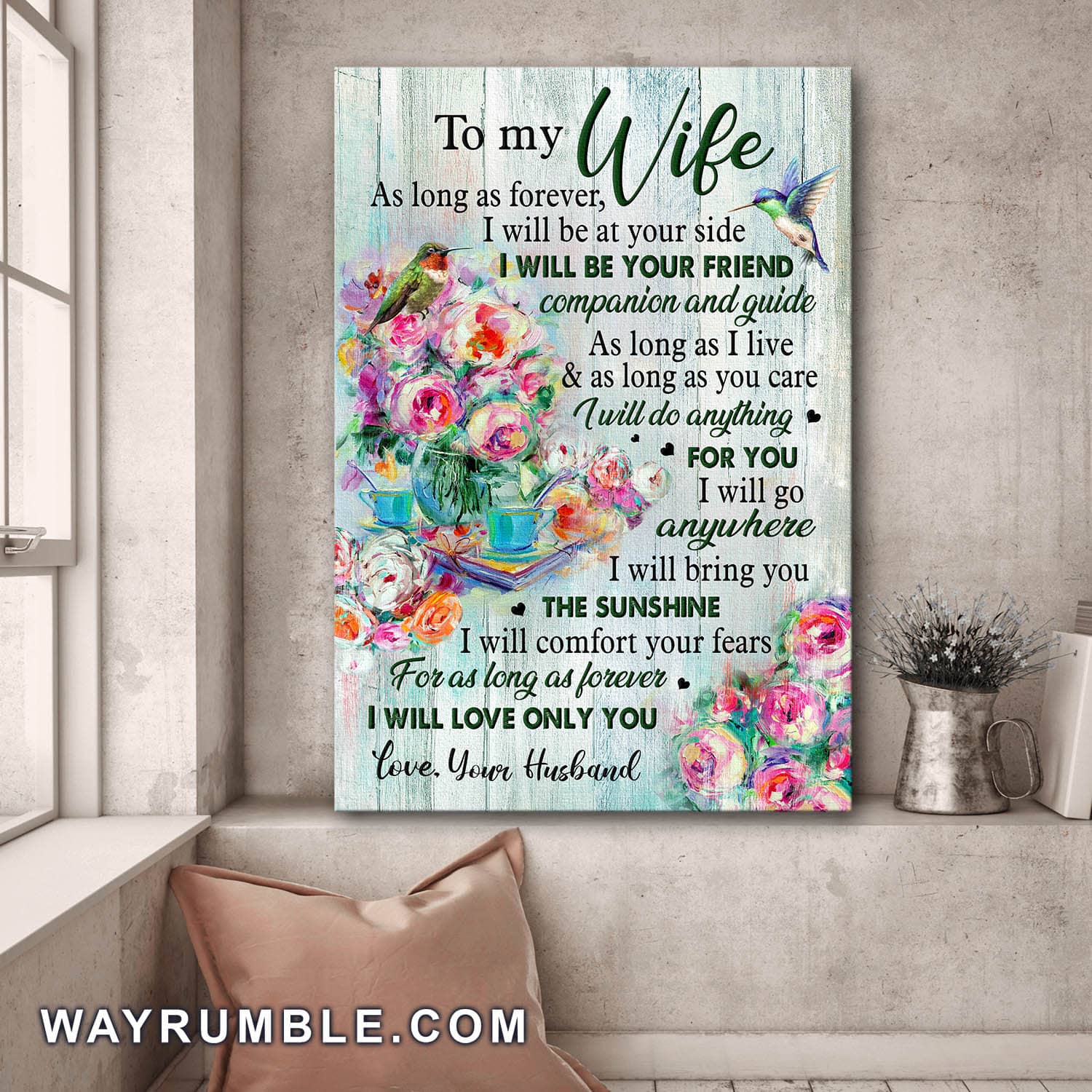 To my wife, Hummingbird, Roses, Tea cup, I will do anything for you - Couple Portrait Canvas Prints, Wall Art