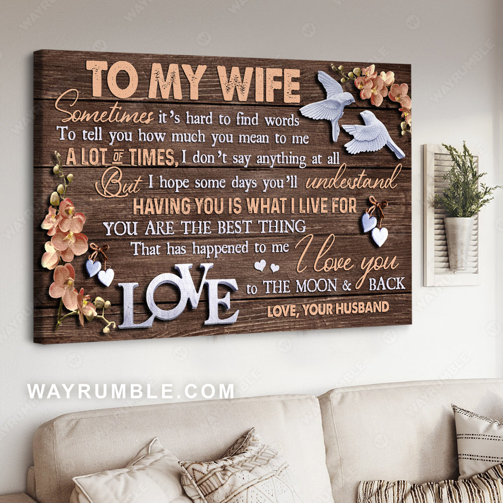 To my wife, Wooden background, Dove painting, I love you to the moon and back - Couple Landscape Canvas Prints, Wall Art