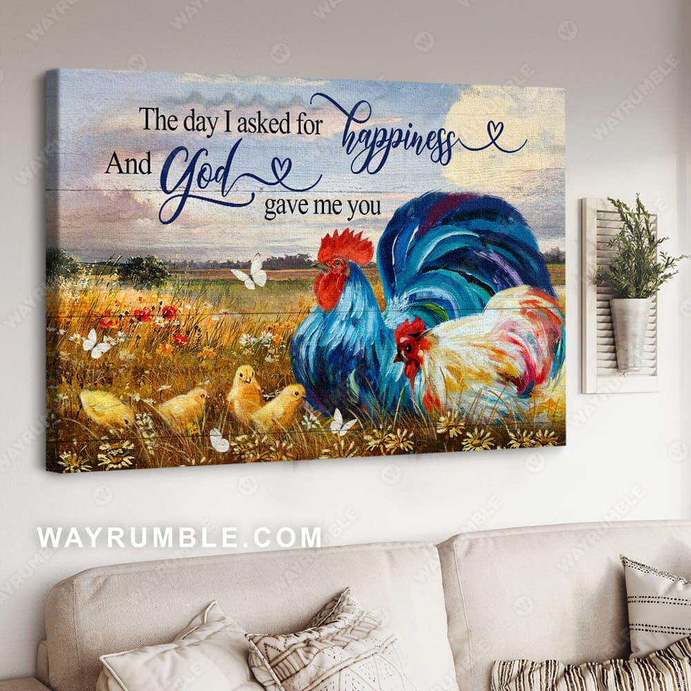 Chicken painting, Chicken family on farm, Grassland, The day I ask for happiness God gave me you - Couple Landscape Canvas Prints, Wall Art