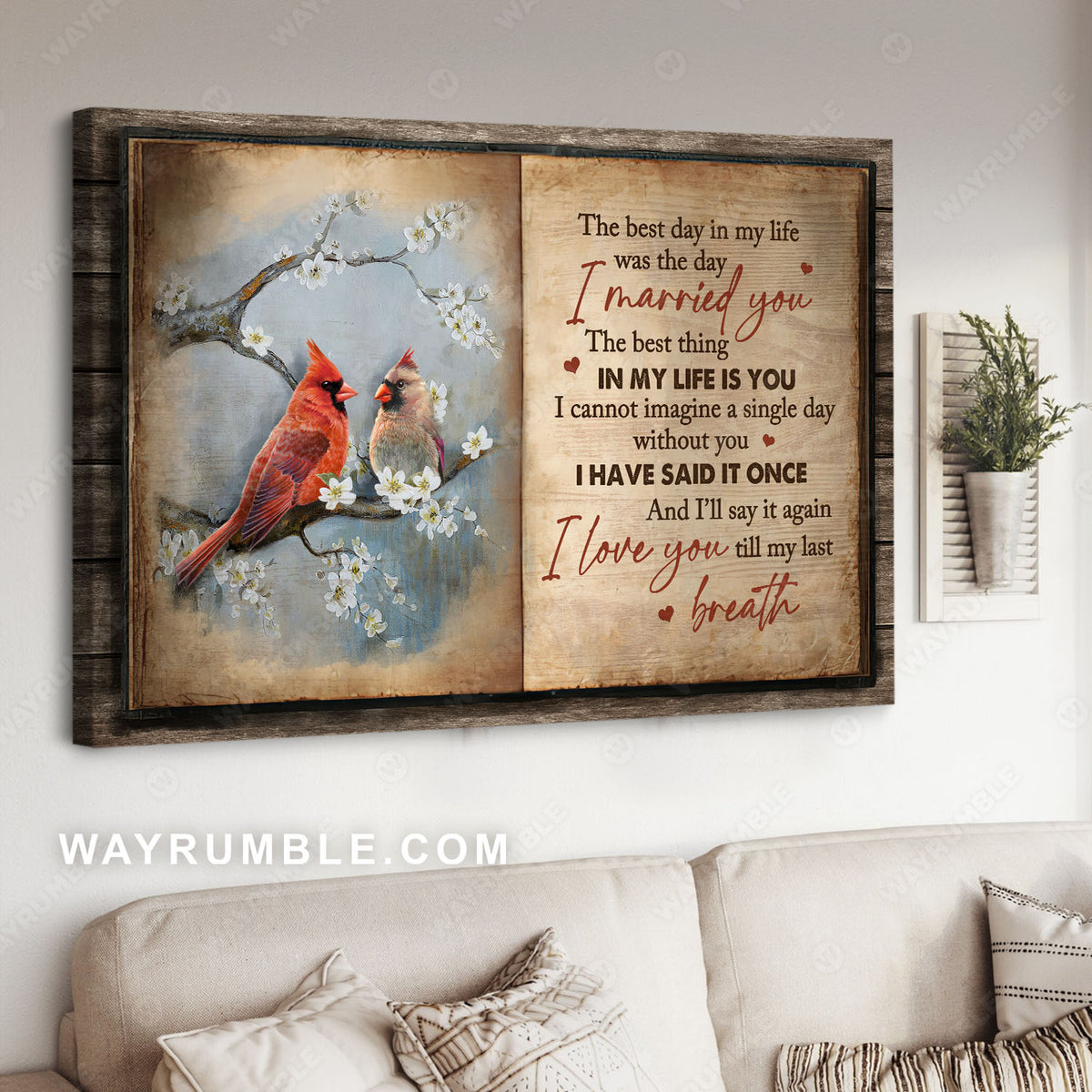 Cardinal couple, Jasmine painting, Vintage letter, I love you till my last breath - Couple Landscape Canvas Prints, Wall Art