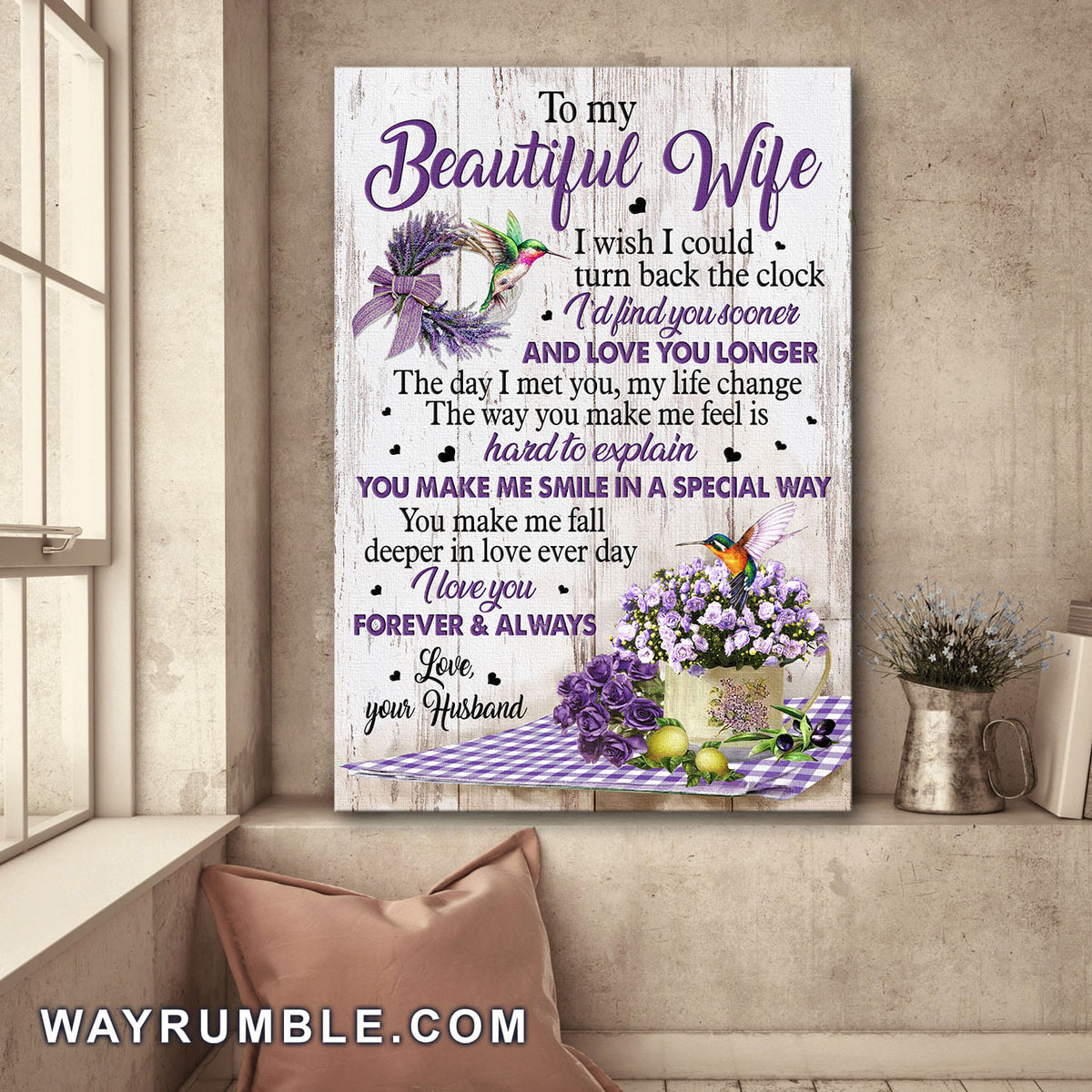 To my wife, Lavender, Purple Roses, Hummingbirds, I love you forever &amp; always - Couple Portrait Canvas Prints, Wall Art