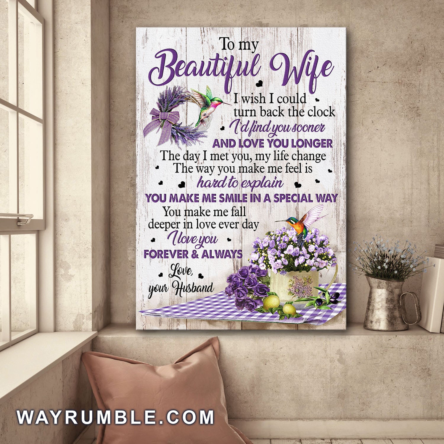 To my wife, Lavender, Purple Roses, Hummingbirds, I love you forever & always - Couple Portrait Canvas Prints, Wall Art