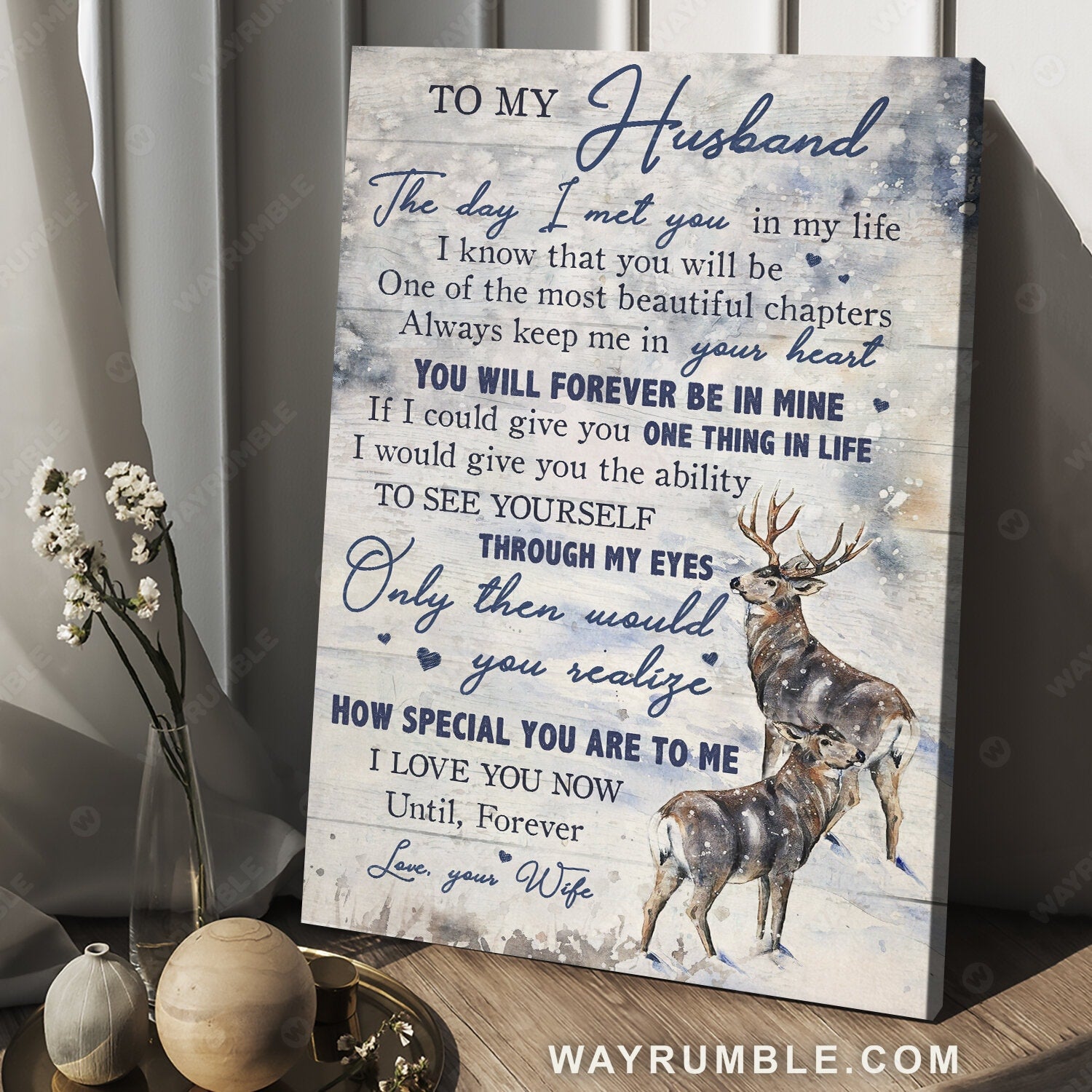 To my husband, Deer drawing, Winter forest, The day I met you in my life - Couple Portrait Canvas Prints, Wall Art