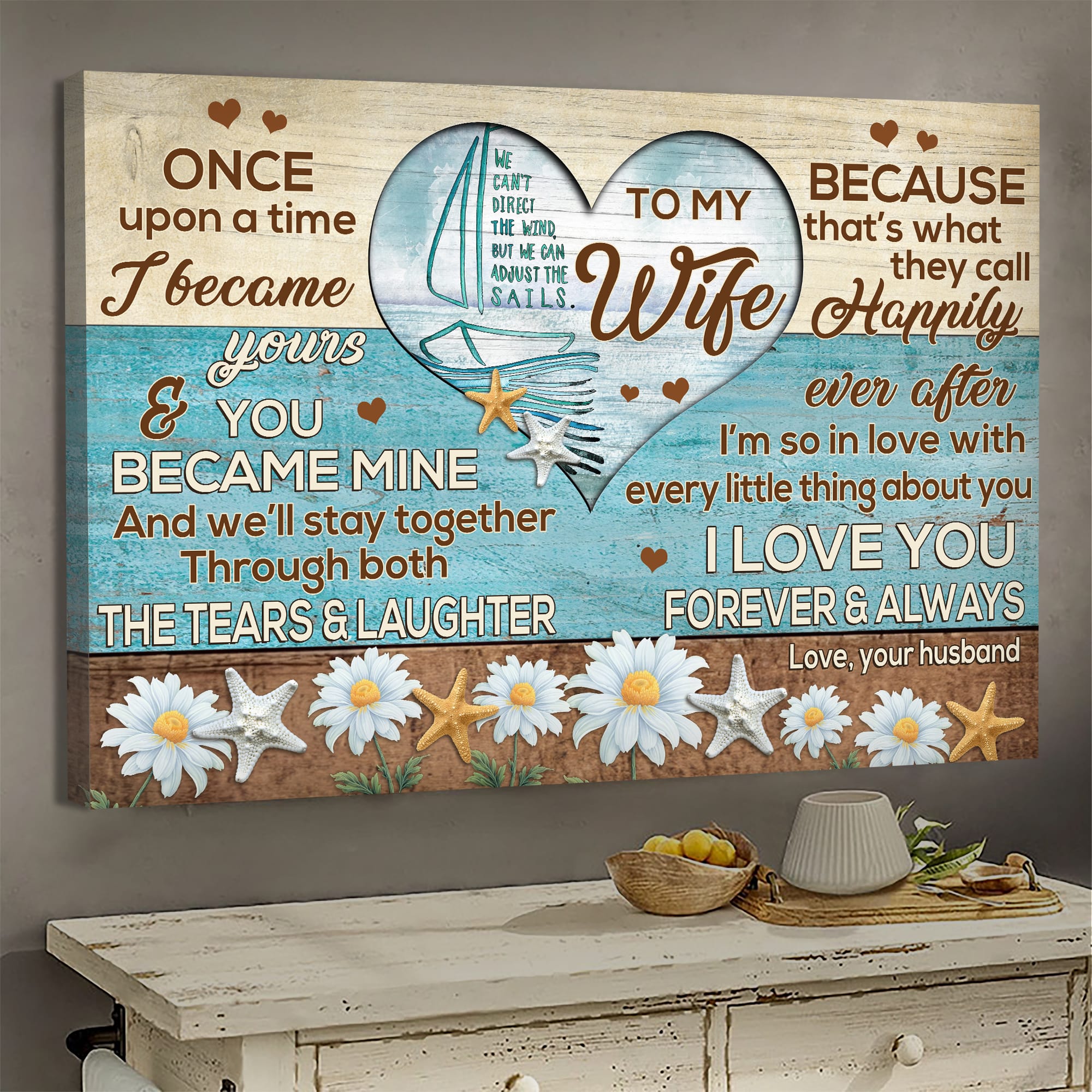 To my wife, On the sea, Boat, Daisy Flower, Starfish, I'm so in love with every little thing about you - Couple Landscape Canvas Prints, Wall Art