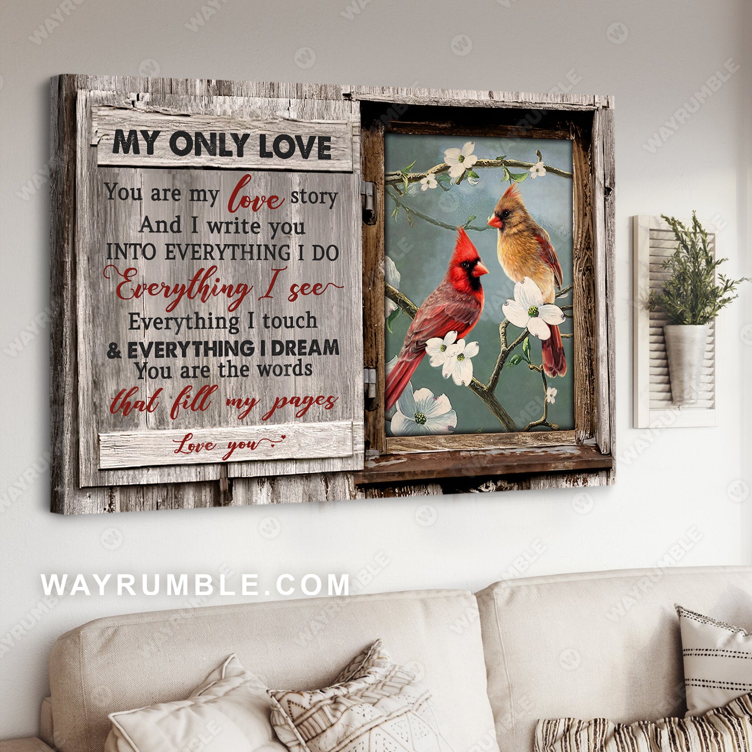 Cardinal painting, Wooden frame, Flowering dogwood You are my love story - Couple Landscape Canvas Prints, Wall Art